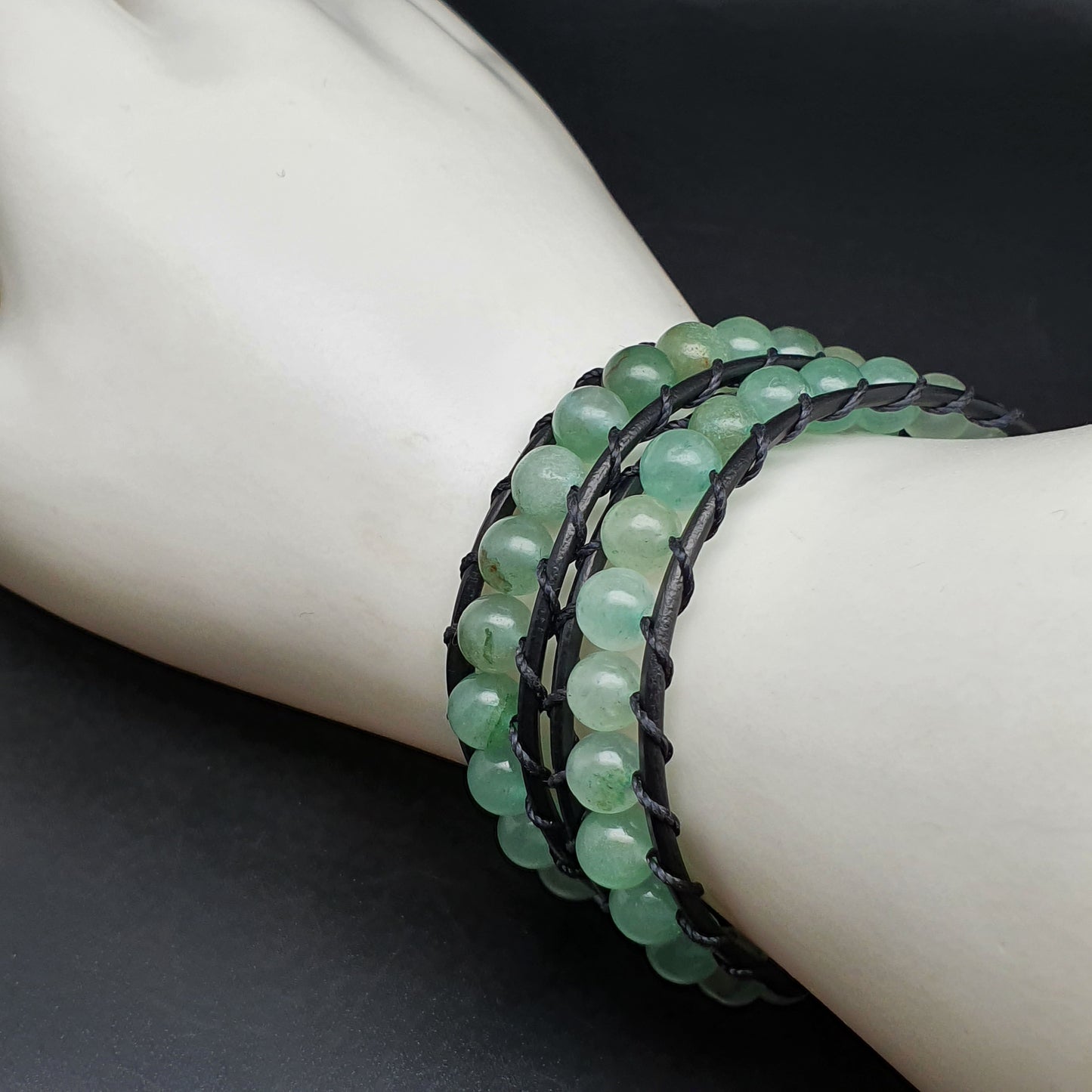 Green Aventurine And Black Leather Double Wrap Beaded Bracelet