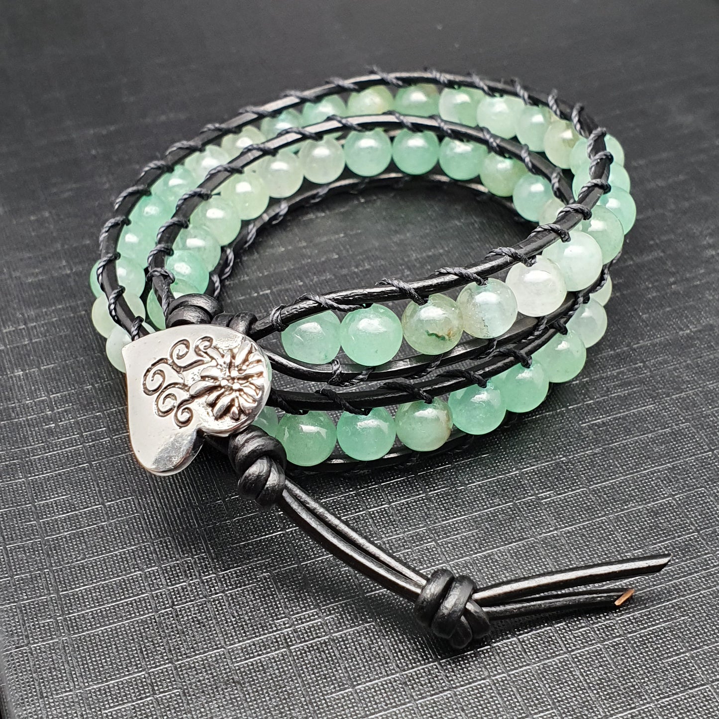 Green Aventurine And Black Leather Double Wrap Beaded Bracelet