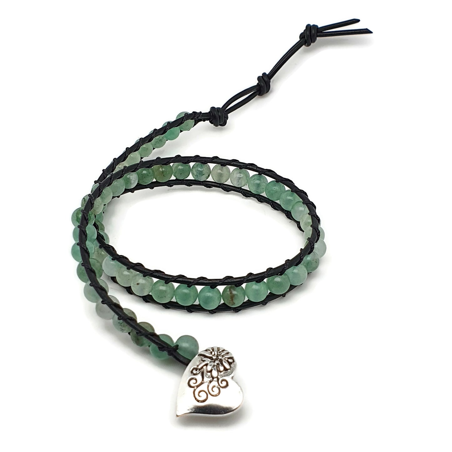 Green Aventurine And Black Leather Double Wrap Beaded Bracelet