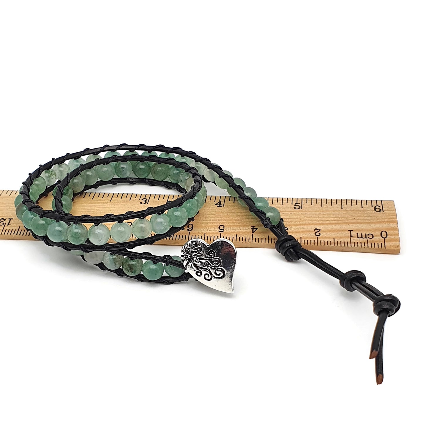 Green Aventurine And Black Leather Double Wrap Beaded Bracelet