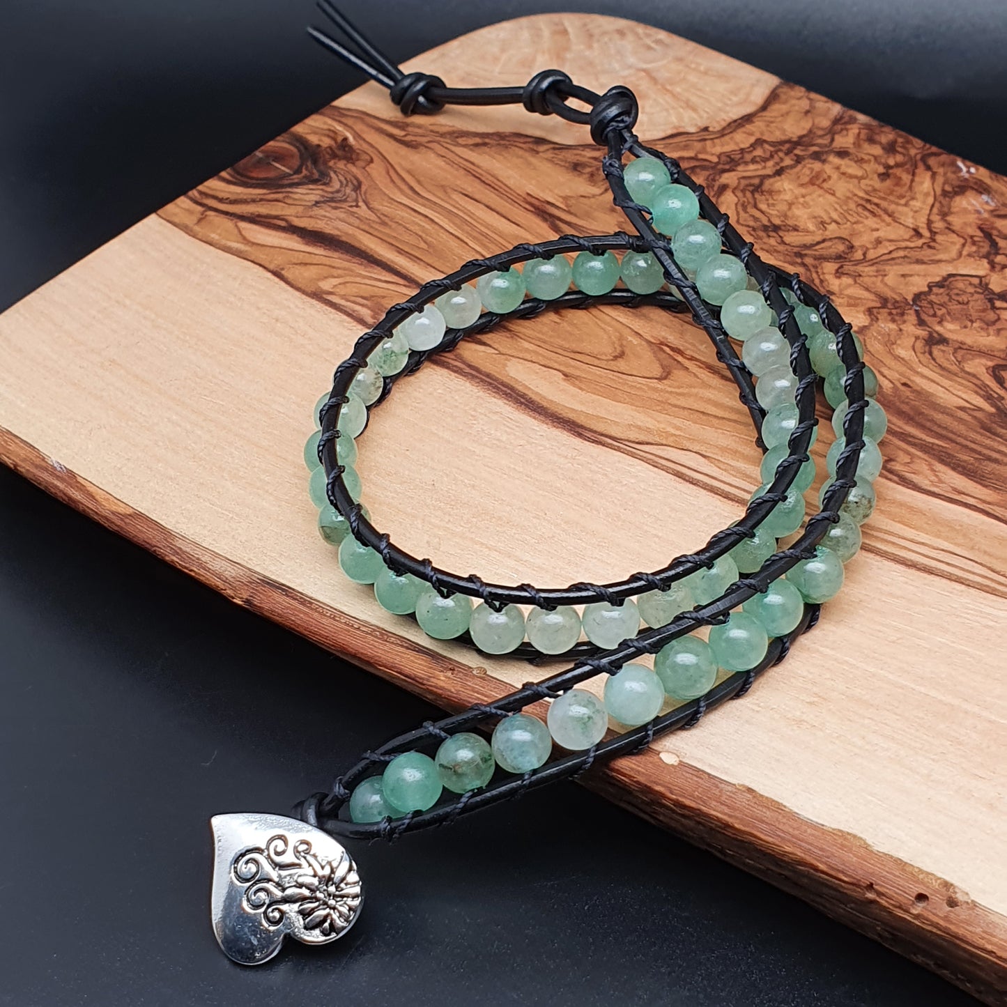 Green Aventurine And Black Leather Double Wrap Beaded Bracelet