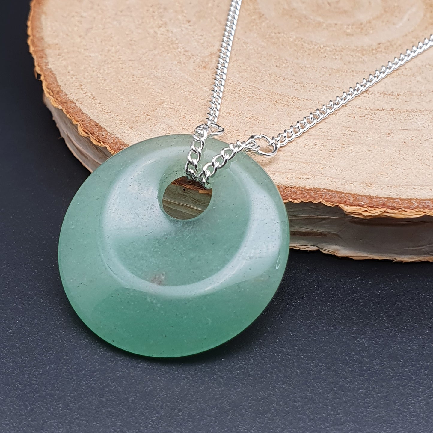 Green Aventurine Round Pendant Boho Necklace, Natural Gemstone, Silver Plated Adjustable Chain