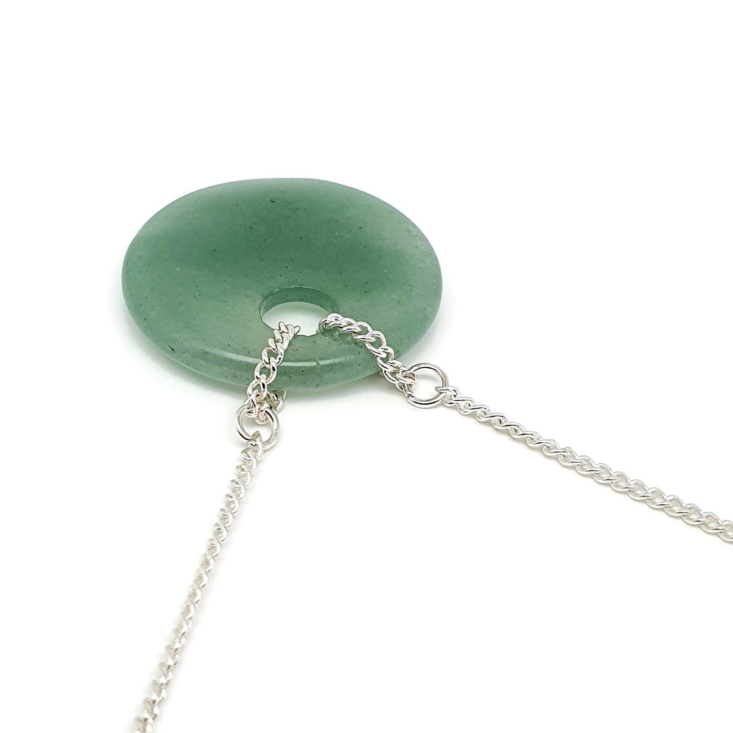 Green Aventurine Round Pendant Boho Necklace, Natural Gemstone, Silver Plated Adjustable Chain