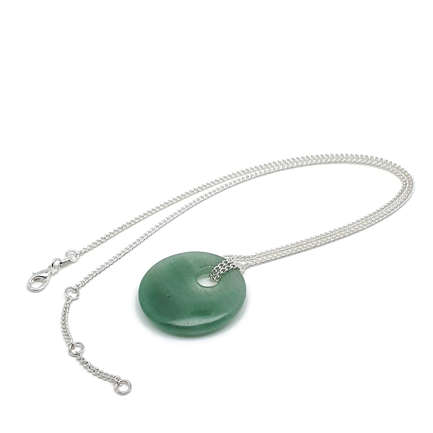 Green Aventurine Round Pendant Boho Necklace, Natural Gemstone, Silver Plated Adjustable Chain