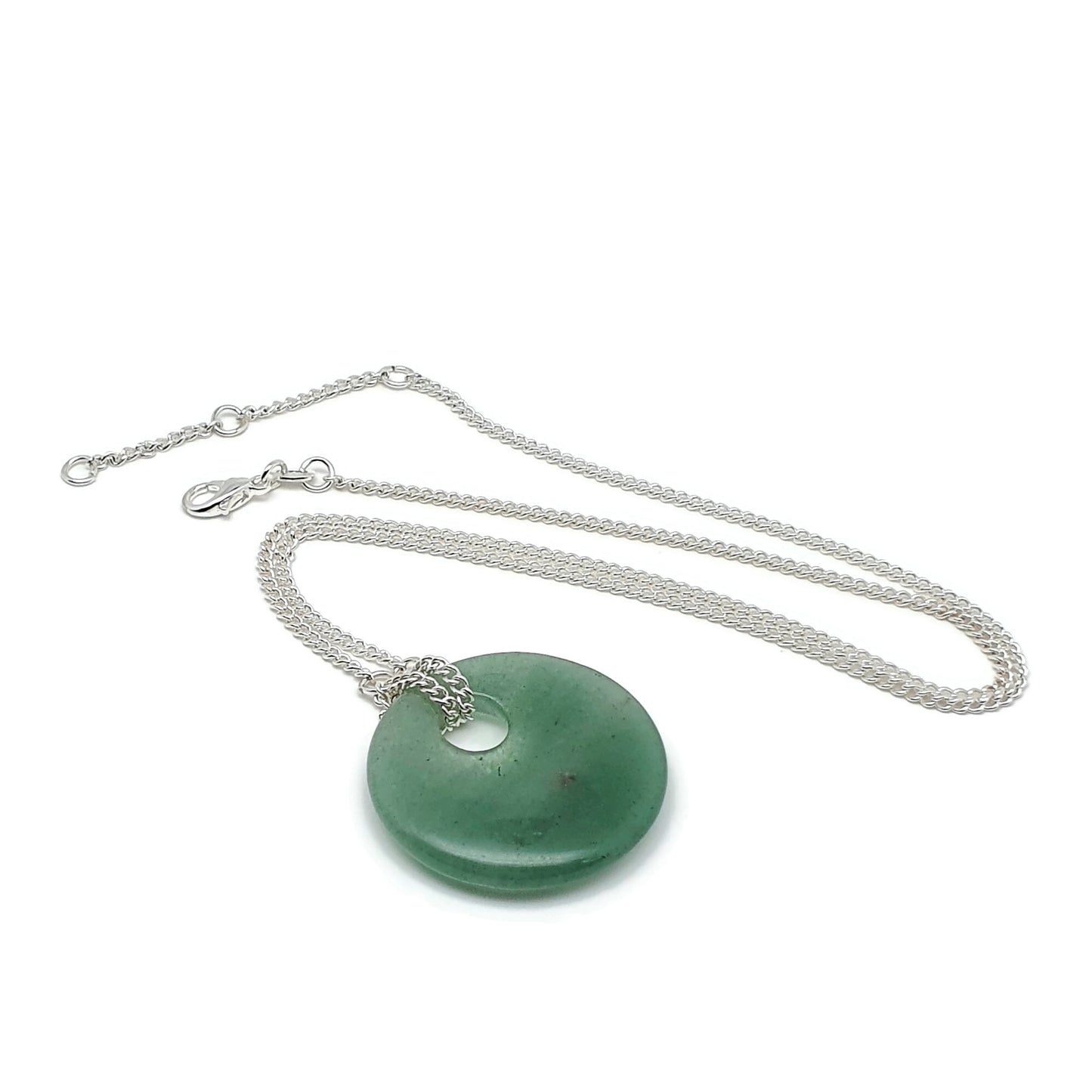 Green Aventurine Round Pendant Boho Necklace, Natural Gemstone, Silver Plated Adjustable Chain