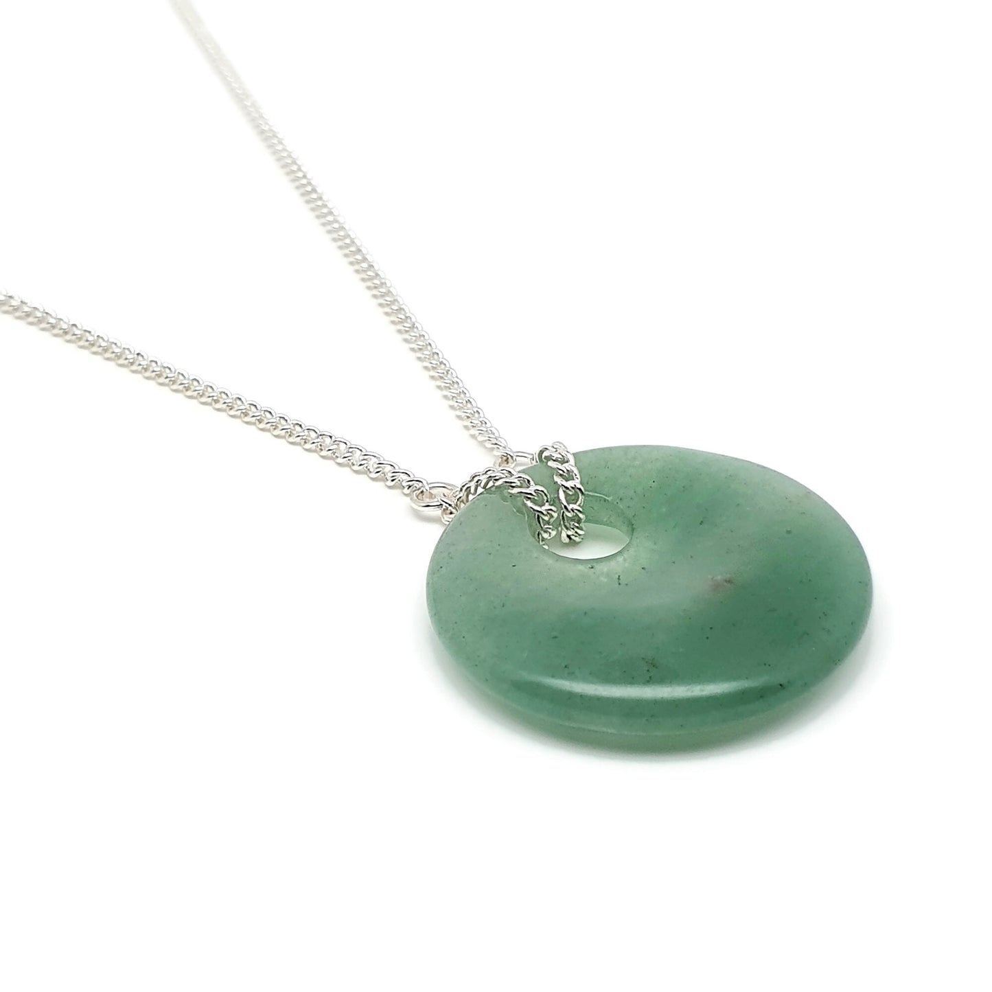 Green Aventurine Round Pendant Boho Necklace, Natural Gemstone, Silver Plated Adjustable Chain