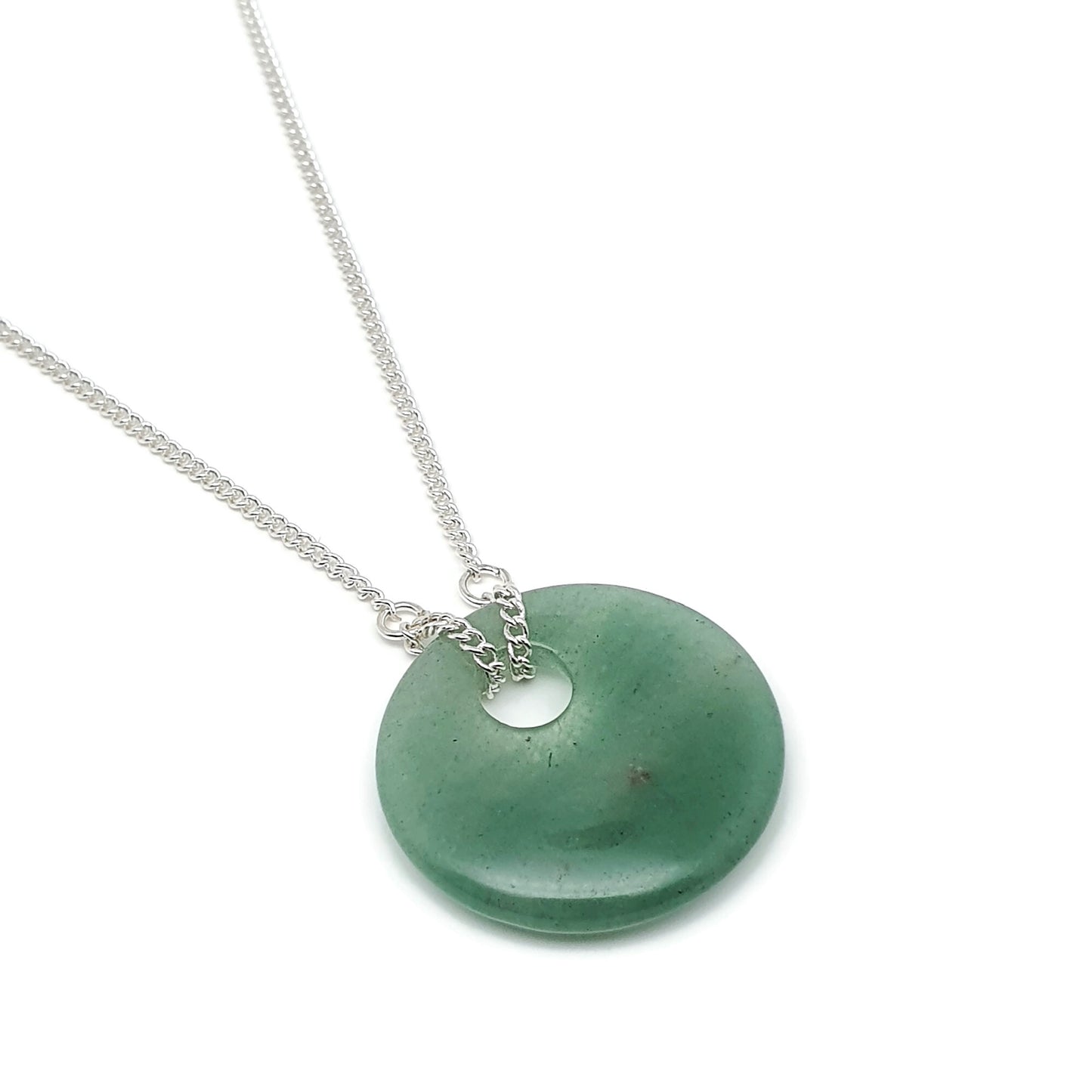 Green Aventurine Round Pendant Boho Necklace, Natural Gemstone, Silver Plated Adjustable Chain