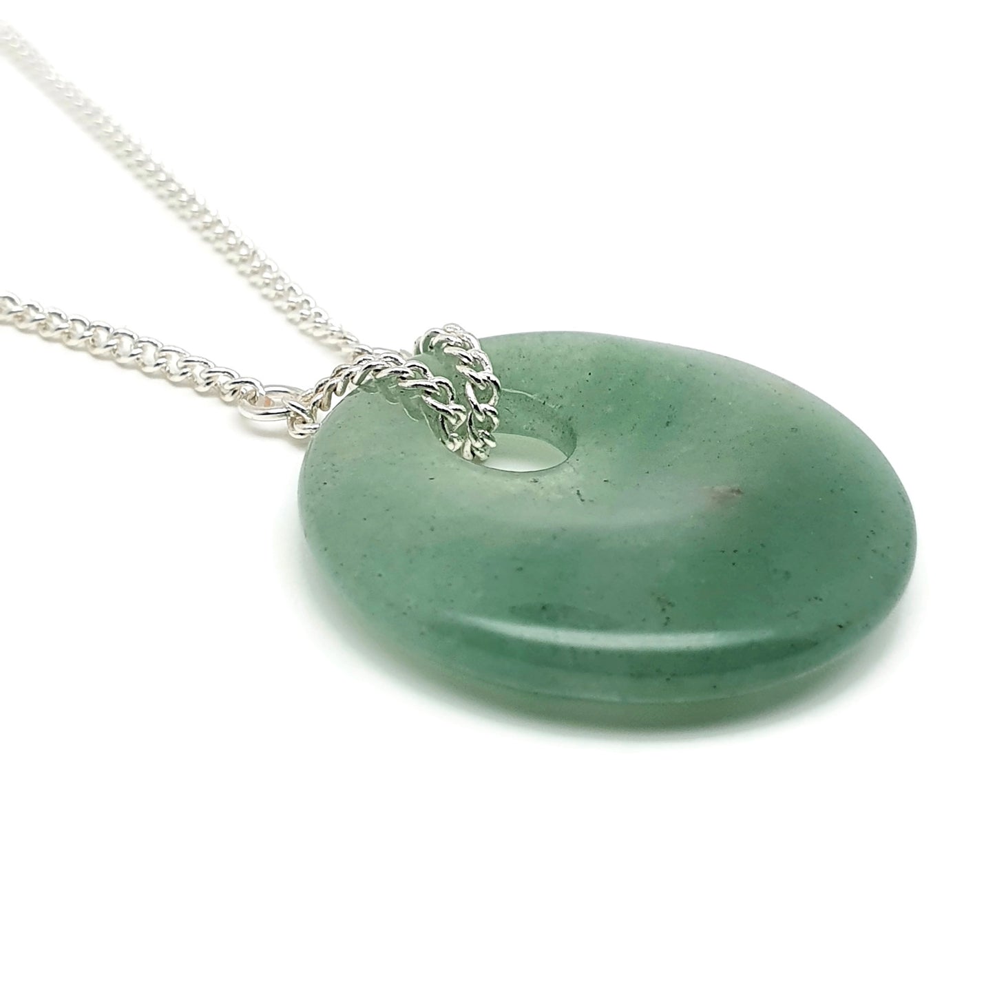 Green Aventurine Round Pendant Boho Necklace, Natural Gemstone, Silver Plated Adjustable Chain