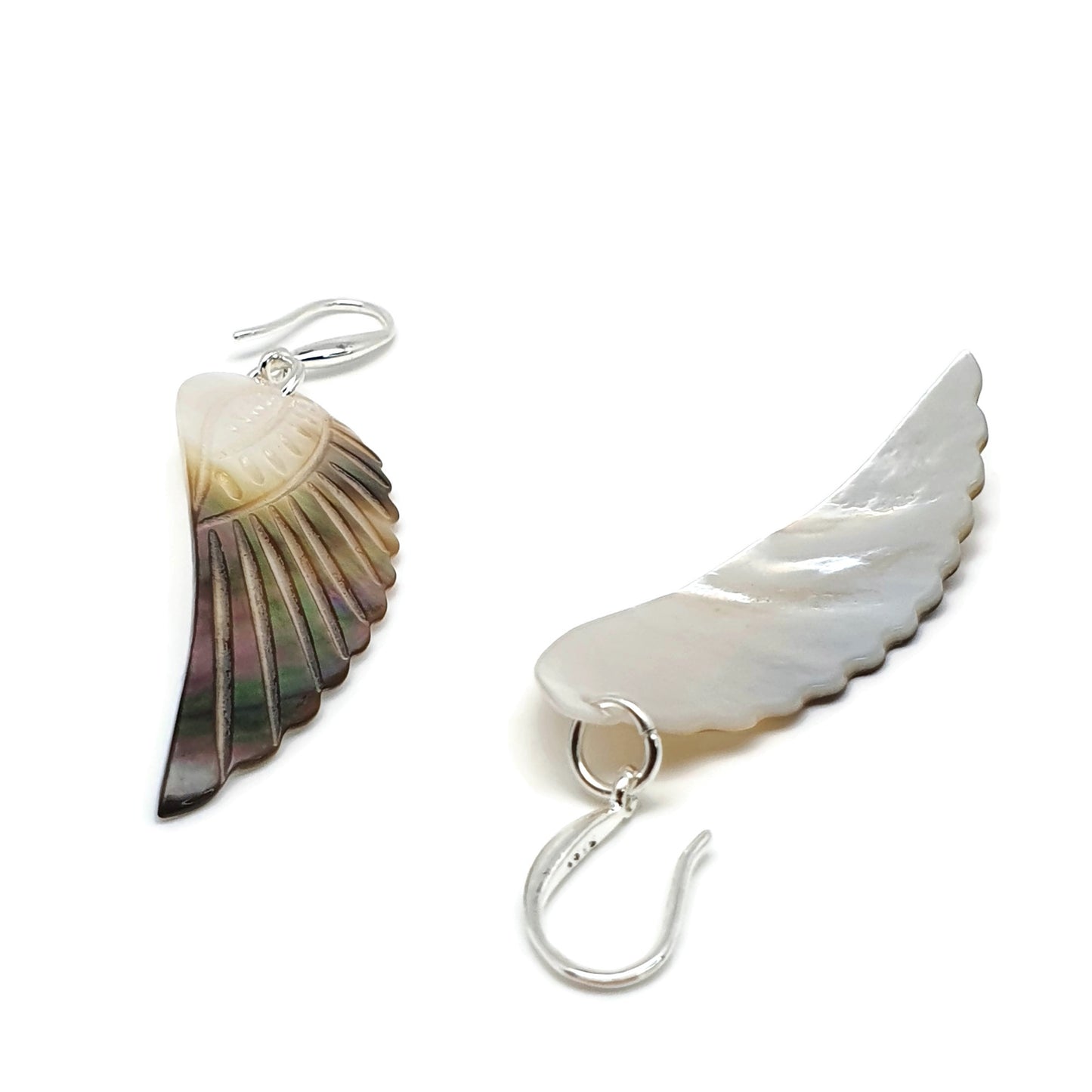 Carved Angel Wing Abalone Earrings Long Dangle Drop Natural Shell