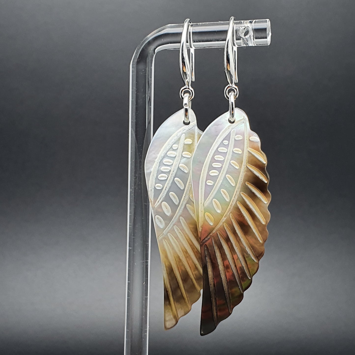 Carved Angel Wing Abalone Earrings Long Dangle Drop Natural Shell