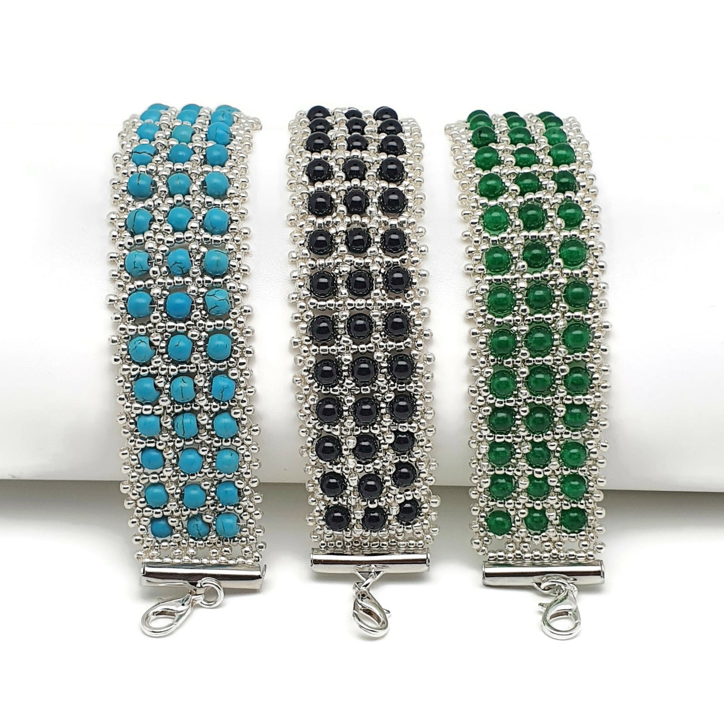 Natural Gemstone Interlaced Beaded Crystal Cuff Bracelet