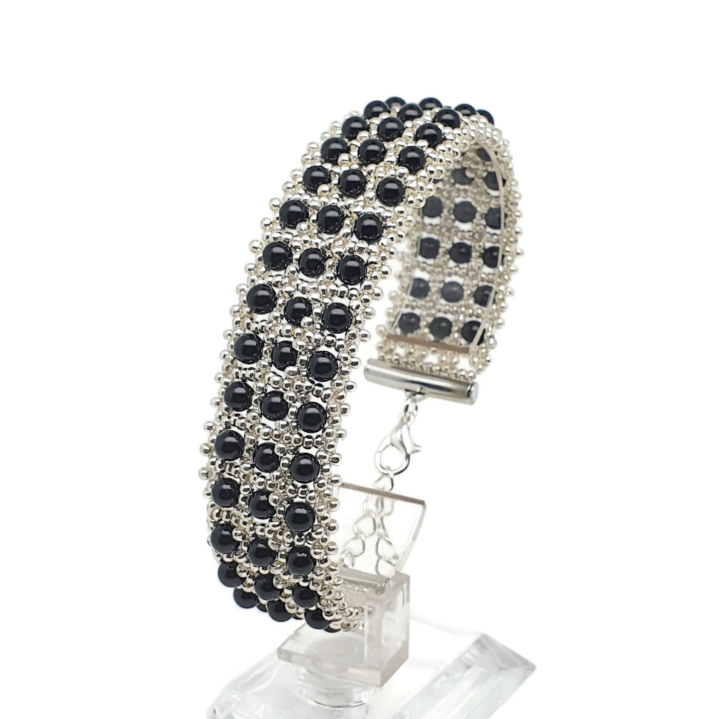 Natural Gemstone Interlaced Beaded Crystal Cuff Bracelet