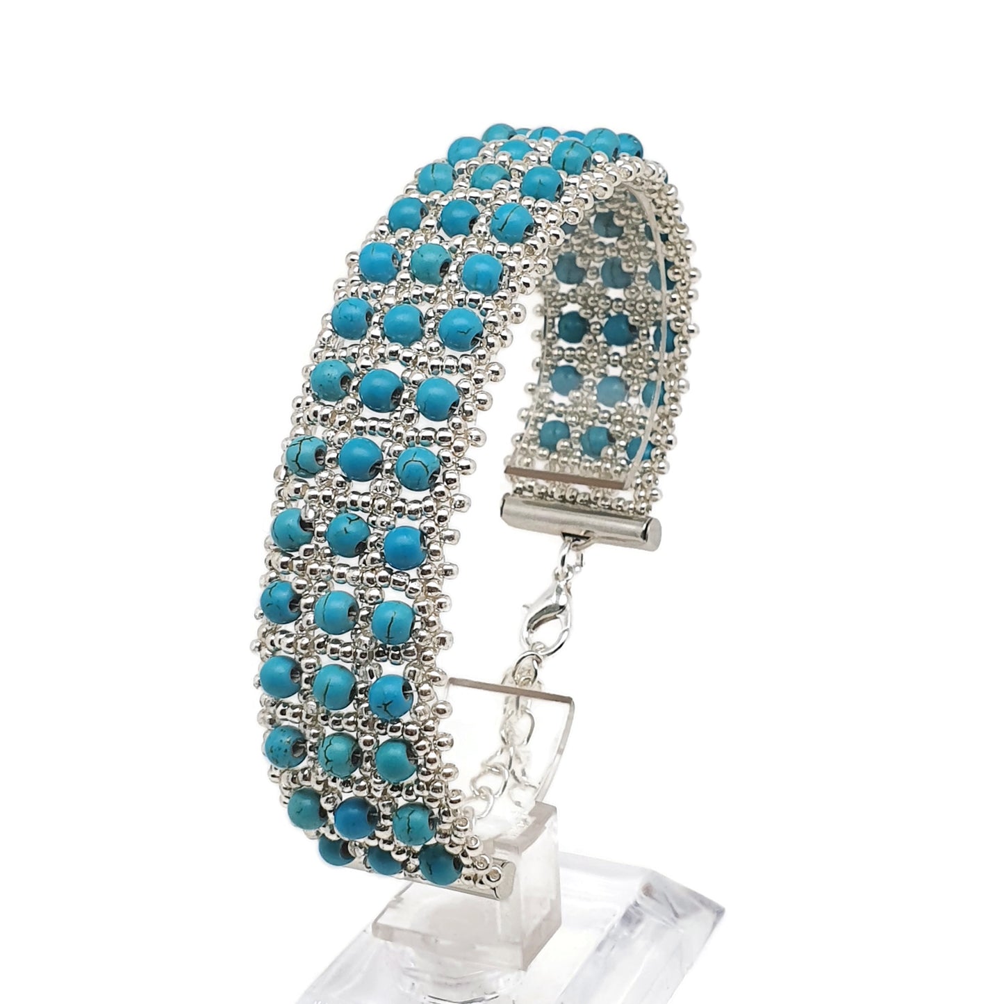 Natural Gemstone Interlaced Beaded Crystal Cuff Bracelet