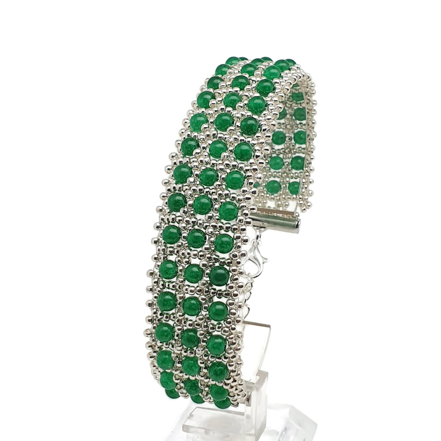 Natural Gemstone Interlaced Beaded Crystal Cuff Bracelet