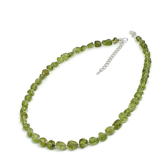 Olive Green Peridot Beaded Nuggets Collar Necklace Silver Plated