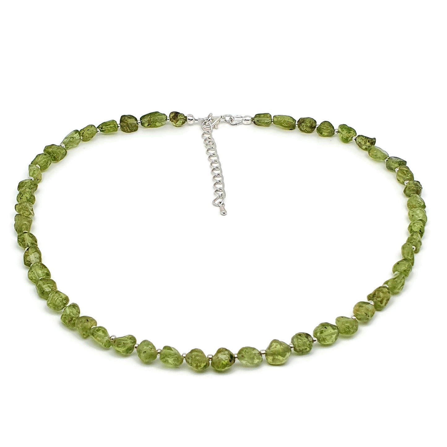 Olive Green Peridot Beaded Nuggets Collar Necklace Silver Plated