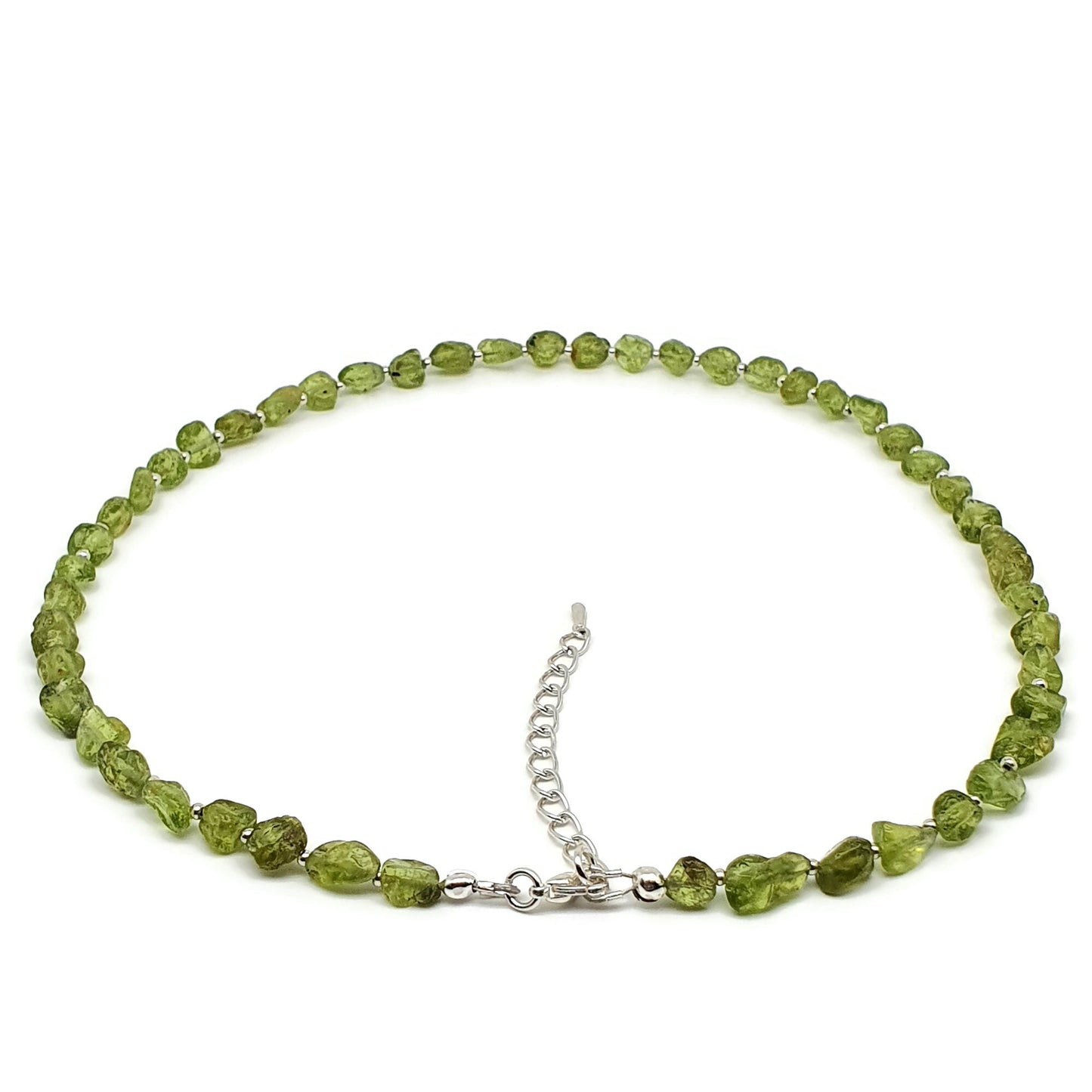 Olive Green Peridot Beaded Nuggets Collar Necklace Silver Plated