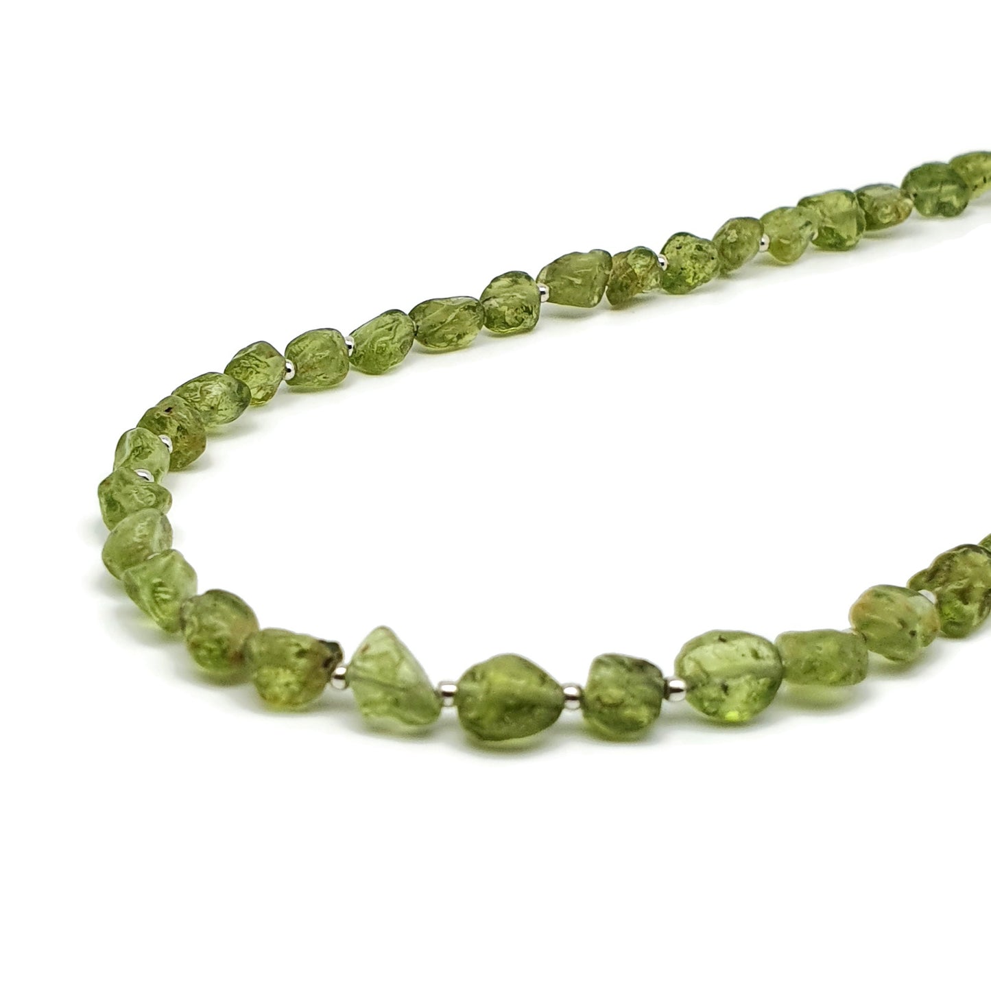 Olive Green Peridot Beaded Nuggets Collar Necklace Silver Plated