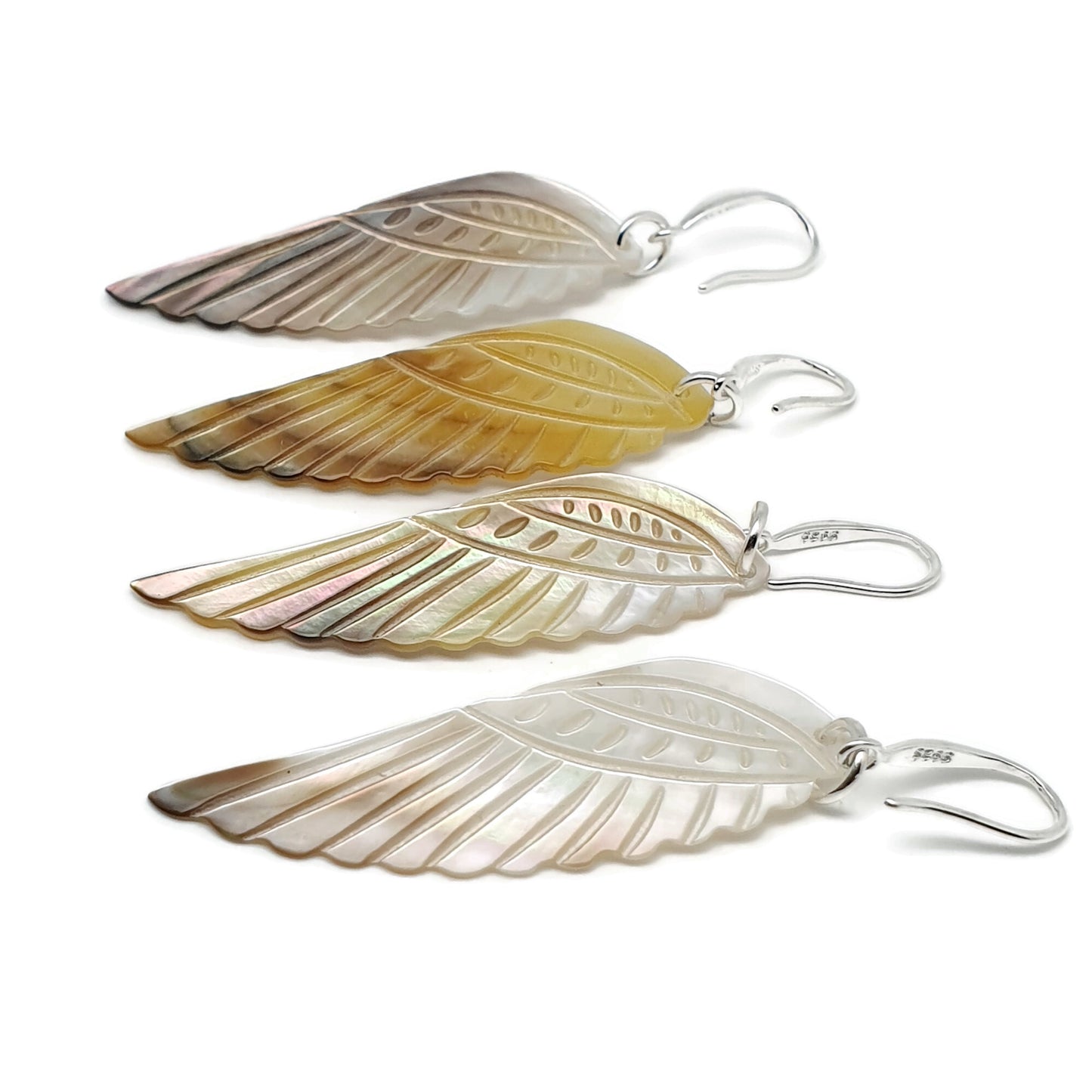 Carved Angel Wing Abalone Earrings Long Dangle Drop Natural Shell