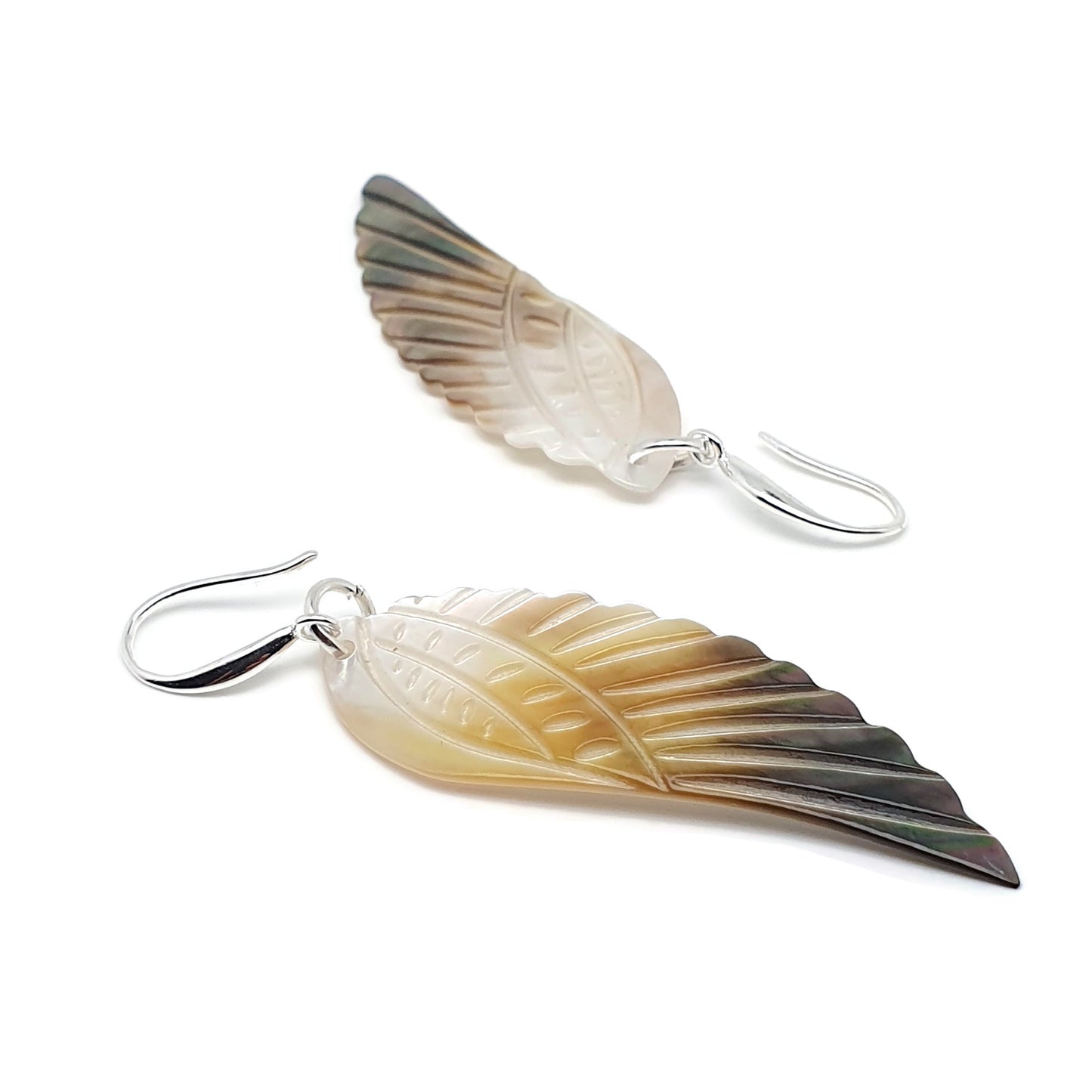 Carved Angel Wing Abalone Earrings Long Dangle Drop Natural Shell