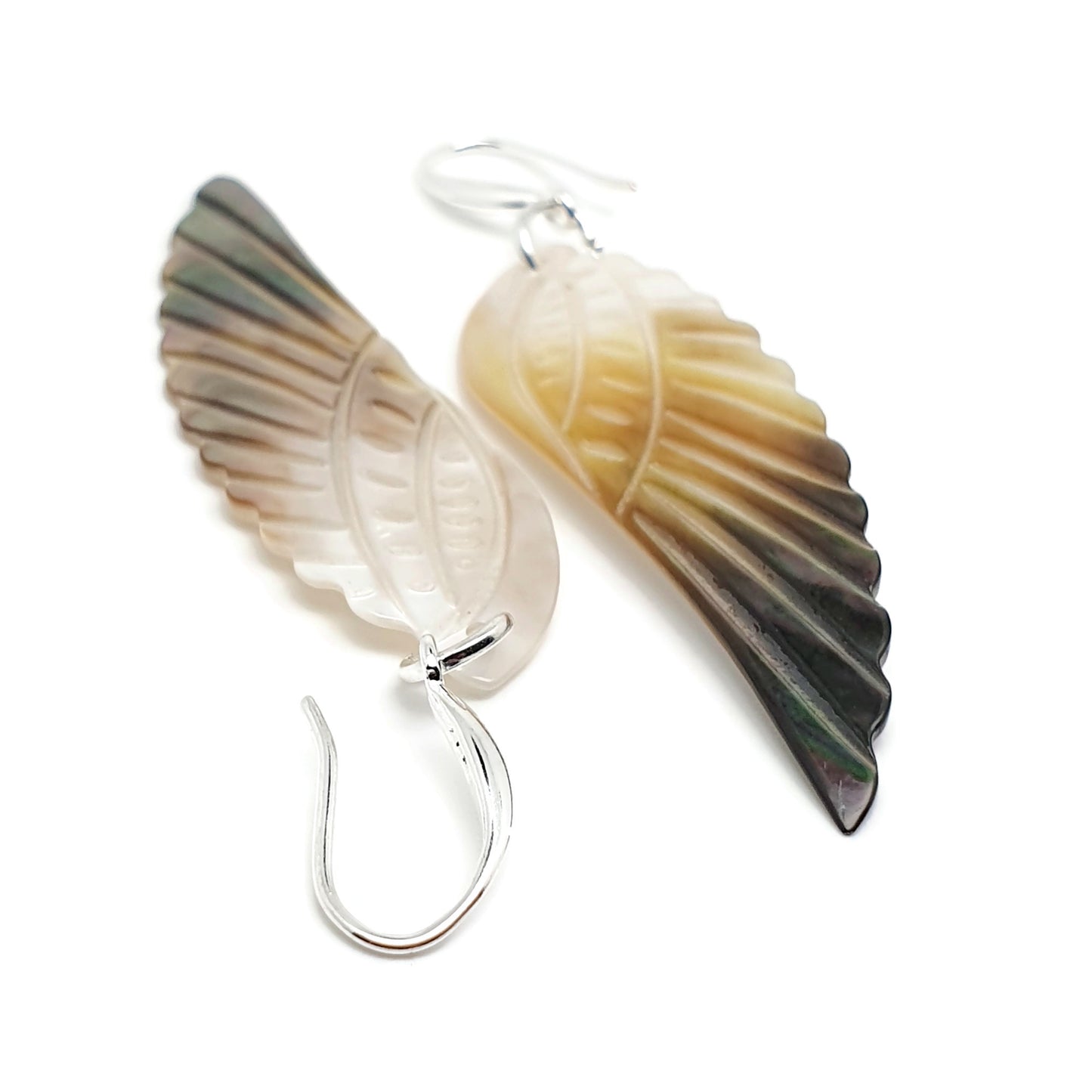 Carved Angel Wing Abalone Earrings Long Dangle Drop Natural Shell