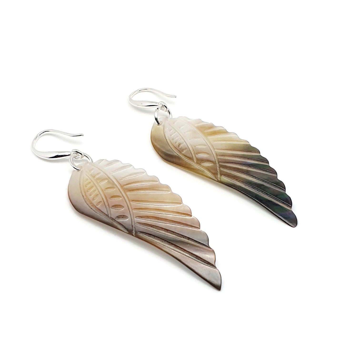 Carved Angel Wing Abalone Earrings Long Dangle Drop Natural Shell