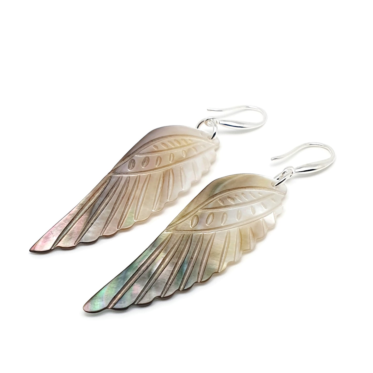 Carved Angel Wing Abalone Earrings Long Dangle Drop Natural Shell