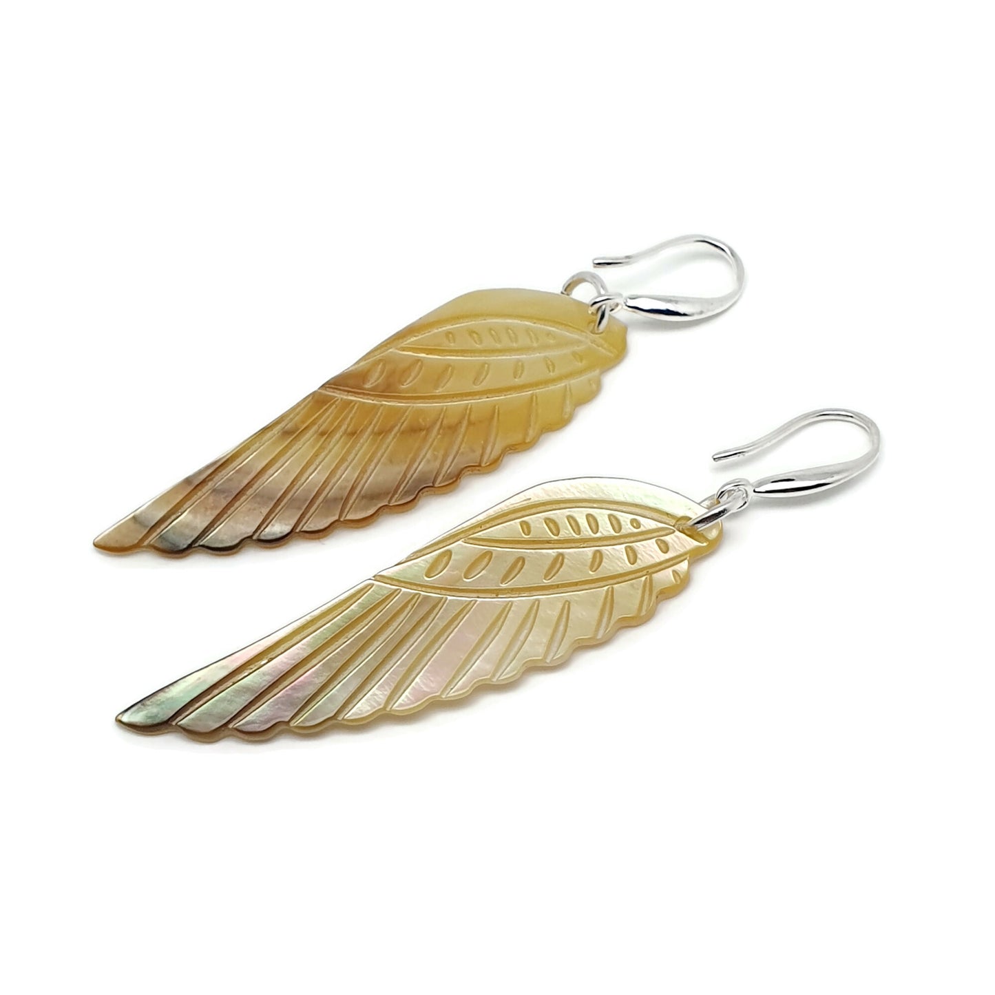 Carved Angel Wing Abalone Earrings Long Dangle Drop Natural Shell