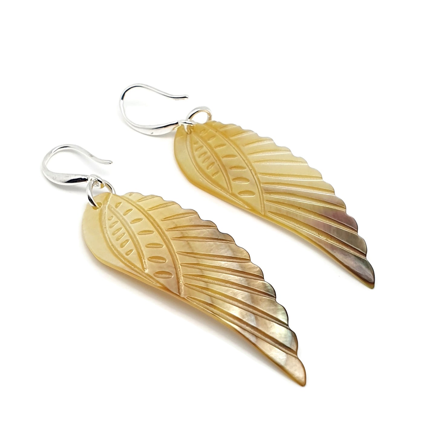 Carved Angel Wing Abalone Earrings Long Dangle Drop Natural Shell