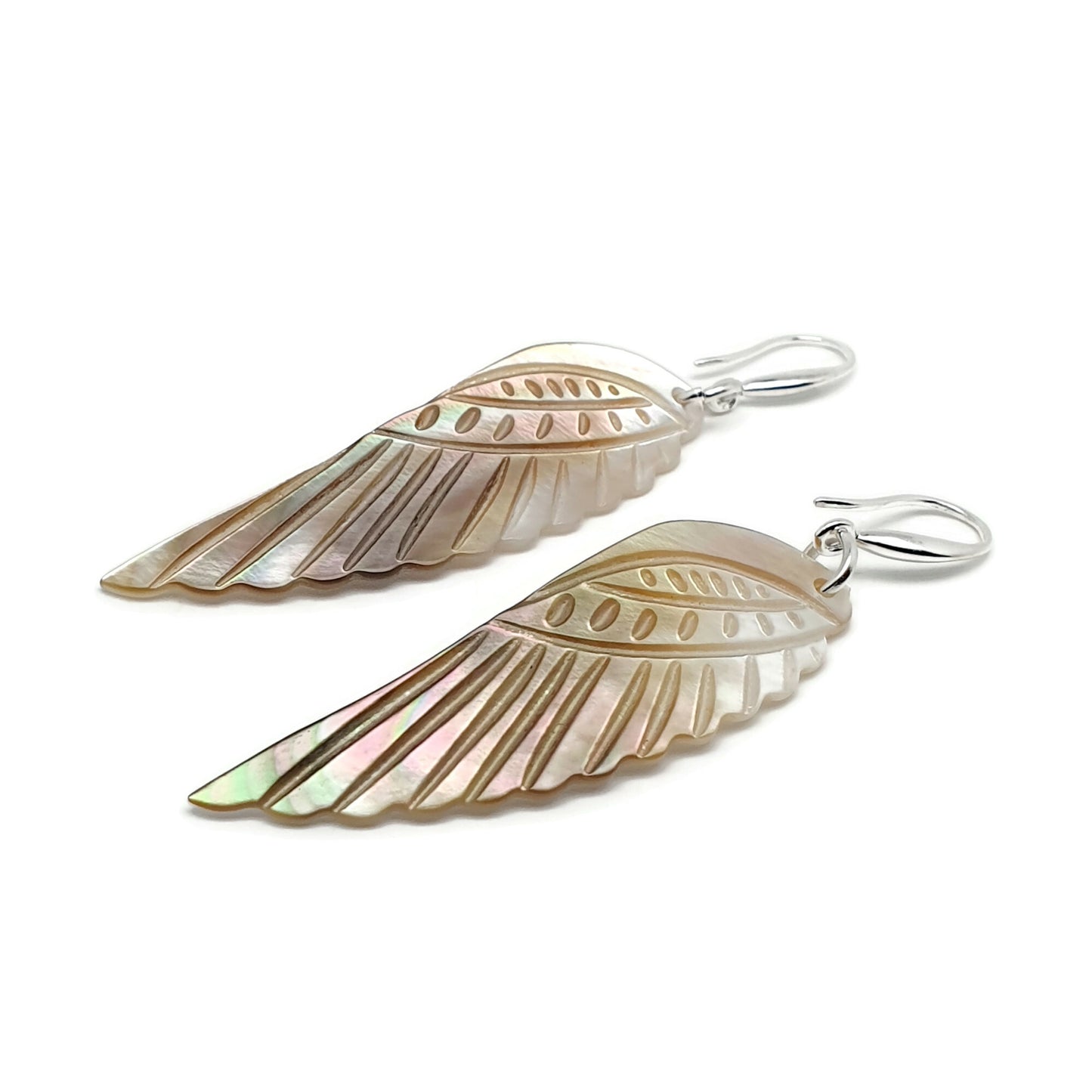 Carved Angel Wing Abalone Earrings Long Dangle Drop Natural Shell