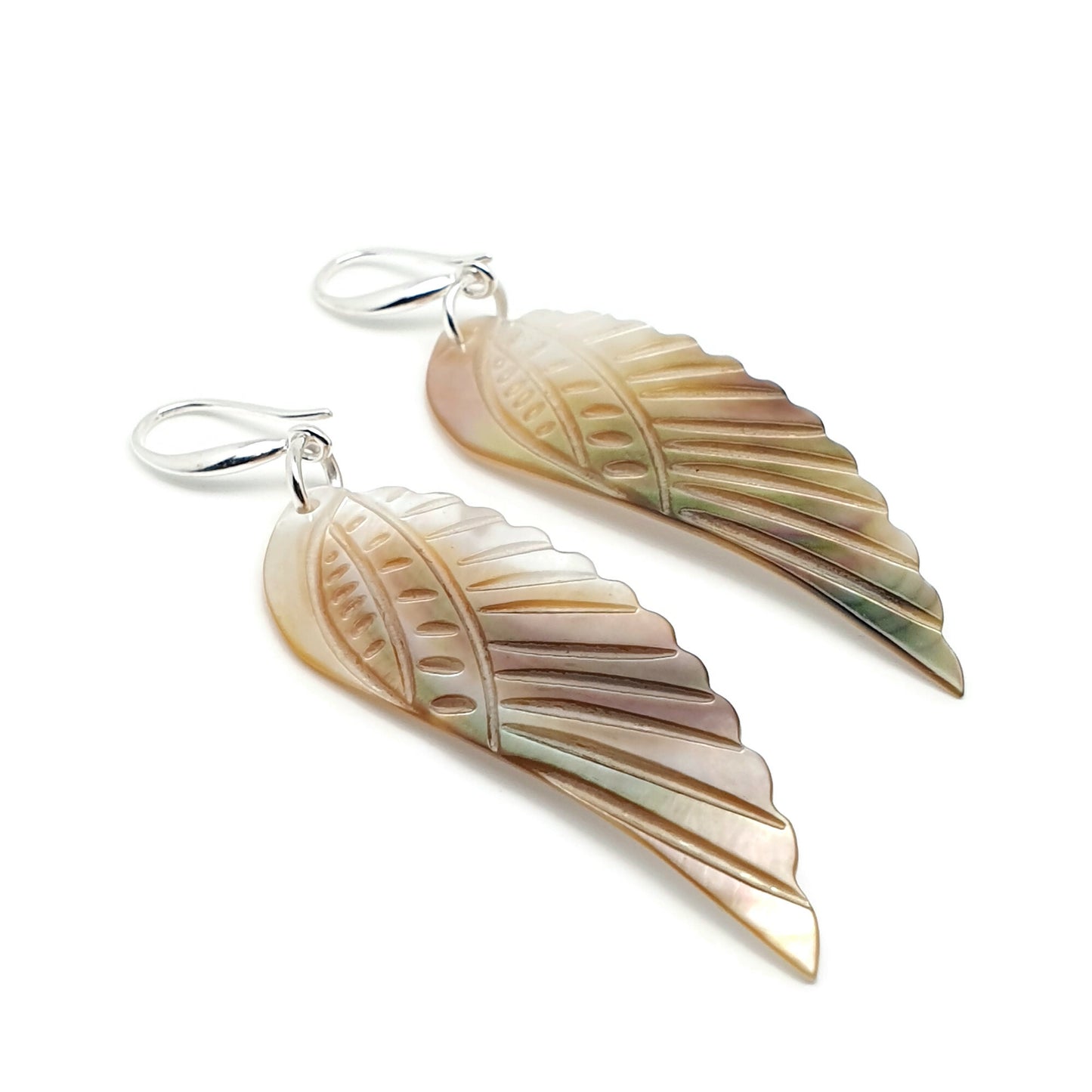 Carved Angel Wing Abalone Earrings Long Dangle Drop Natural Shell