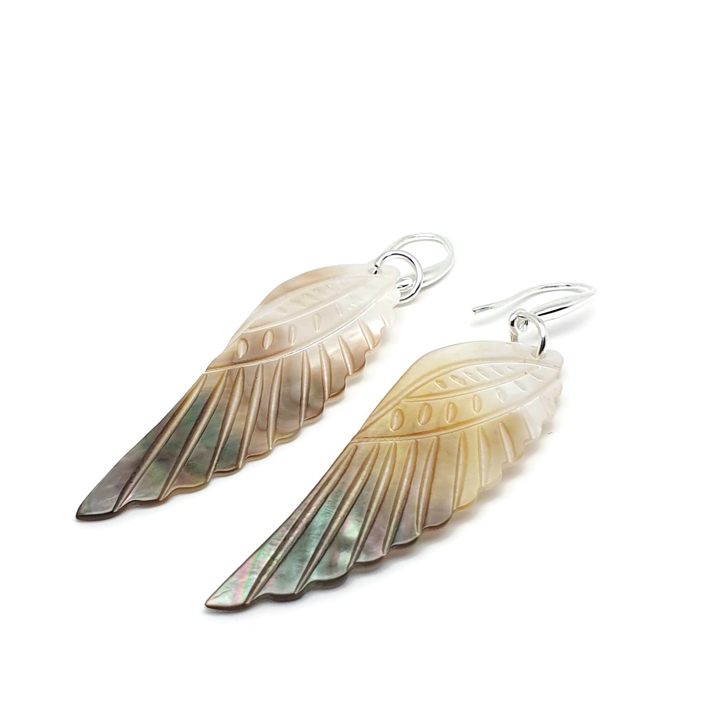 Carved Angel Wing Abalone Earrings Long Dangle Drop Natural Shell