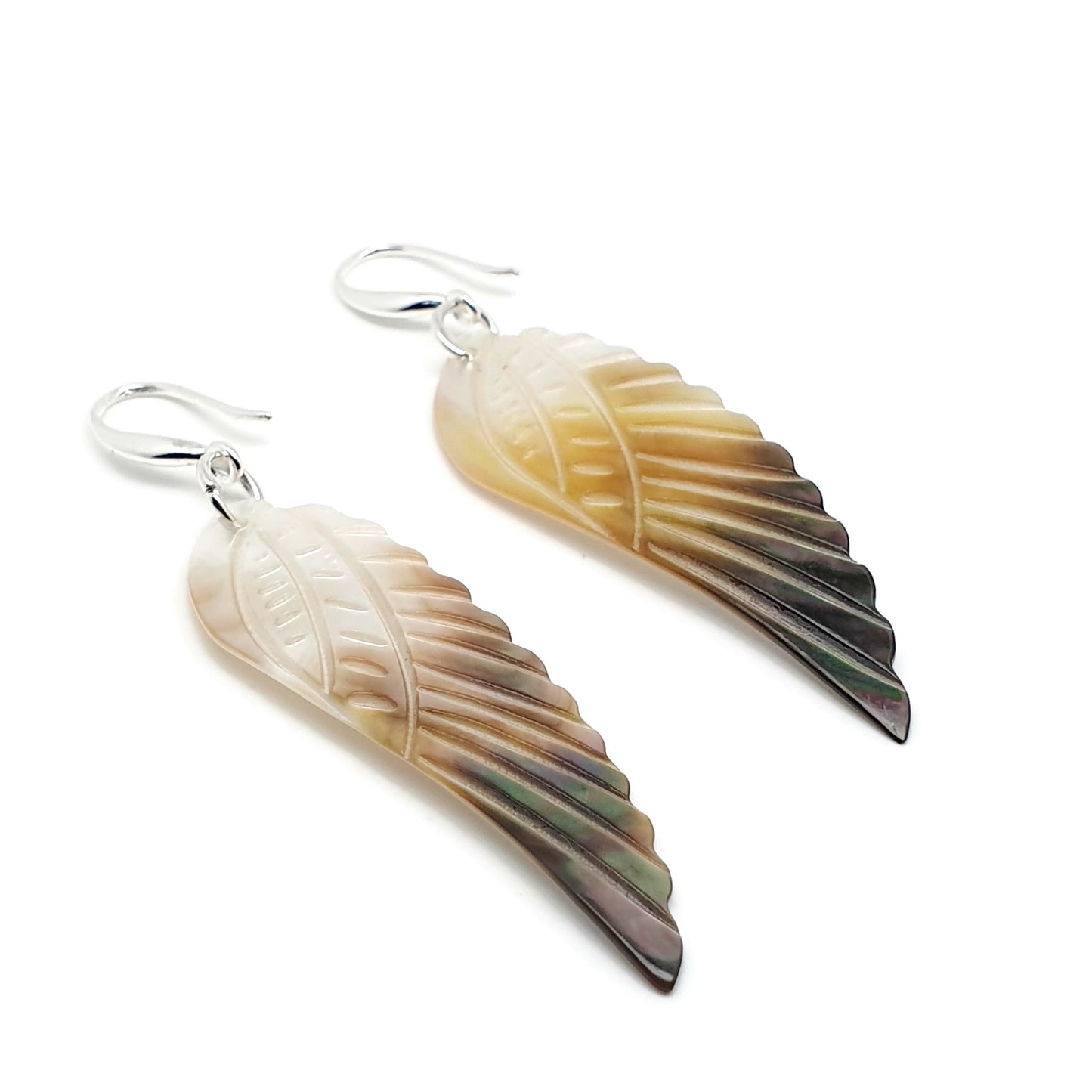 Carved Angel Wing Abalone Earrings Long Dangle Drop Natural Shell