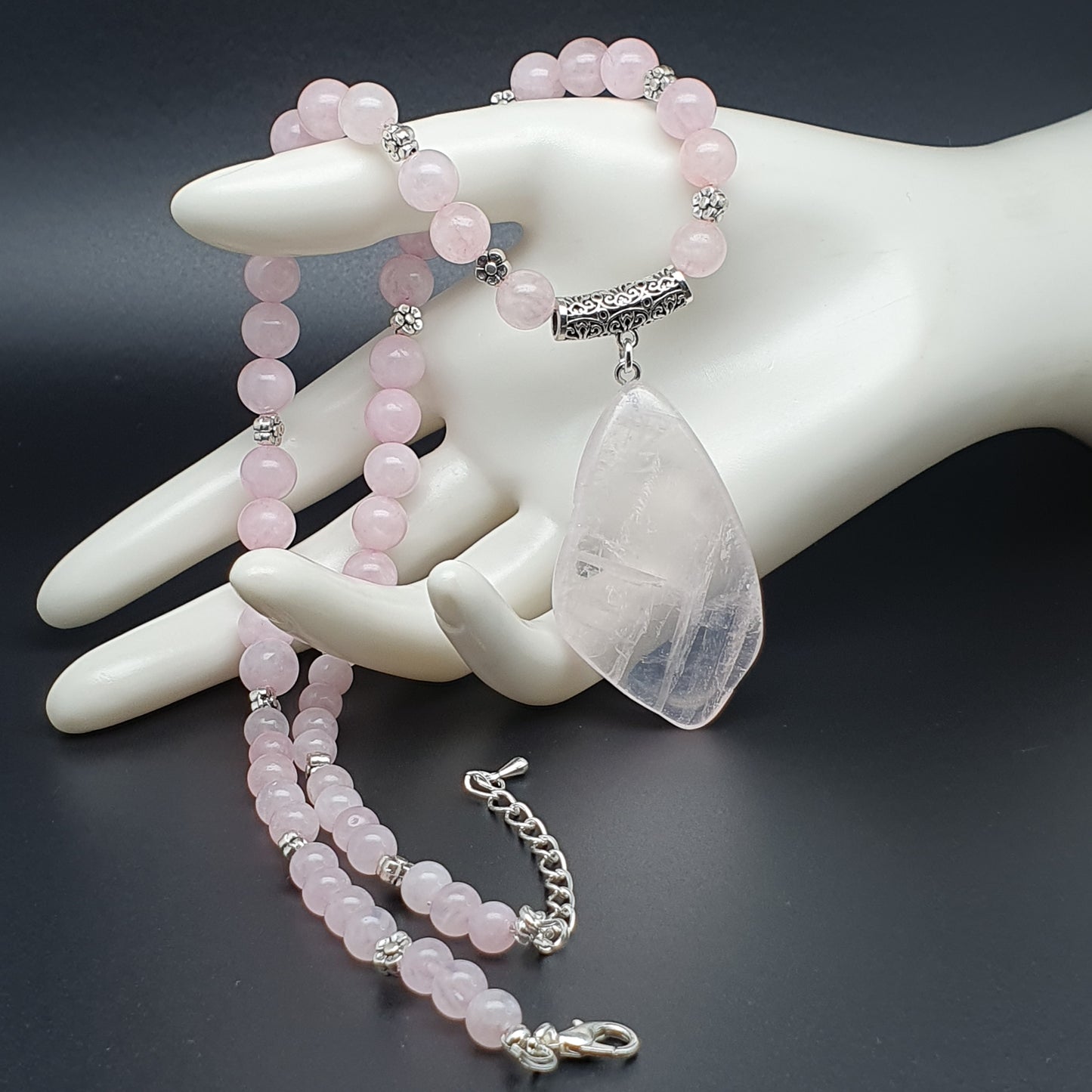 Rose Quartz Beaded Necklace Large Asymmetrical Flat Slice Pendant Adjustable Length