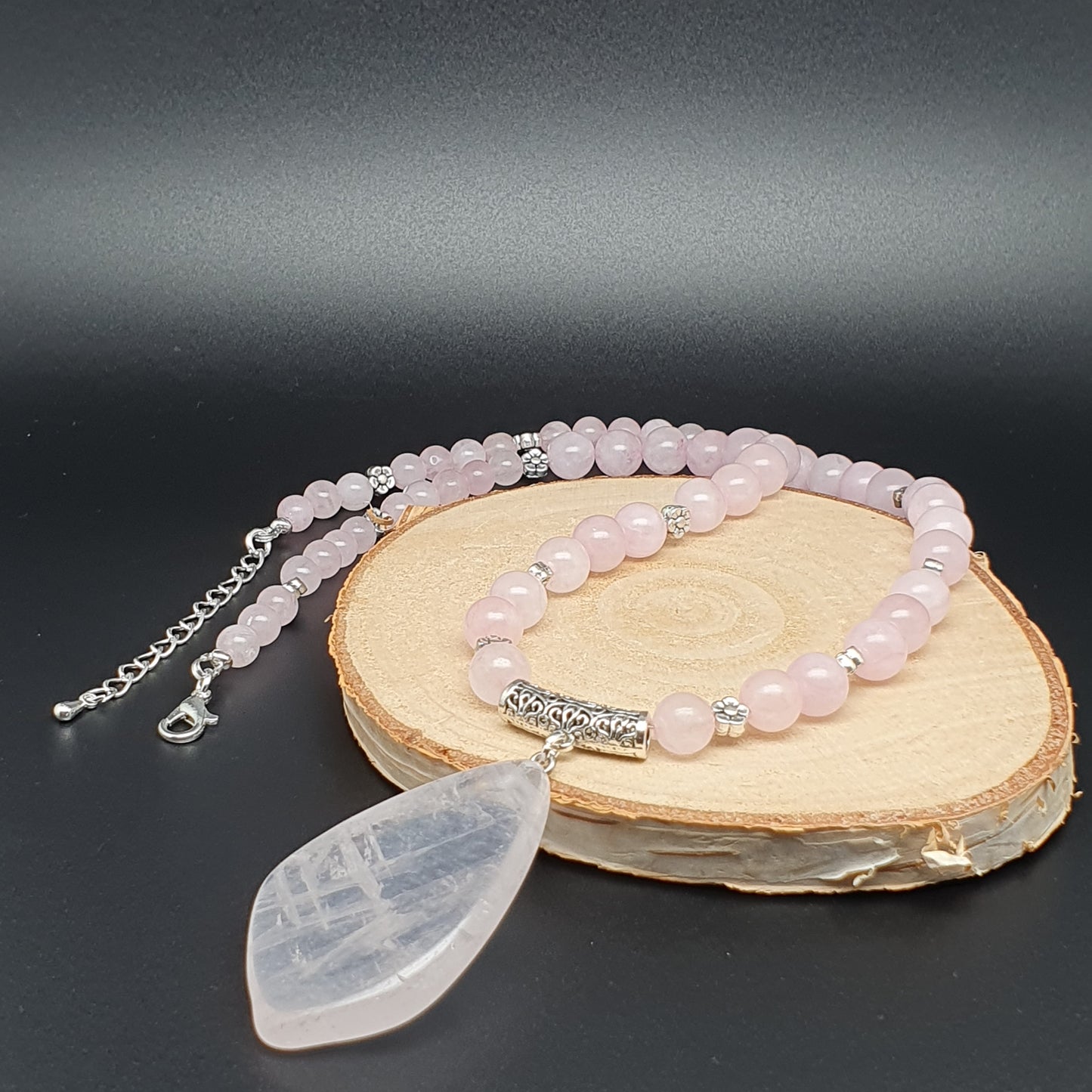 Rose Quartz Beaded Necklace Large Asymmetrical Flat Slice Pendant Adjustable Length