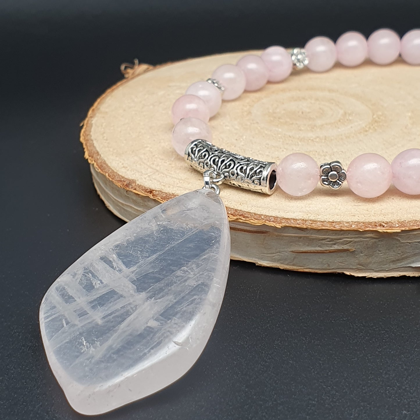 Rose Quartz Beaded Necklace Large Asymmetrical Flat Slice Pendant Adjustable Length