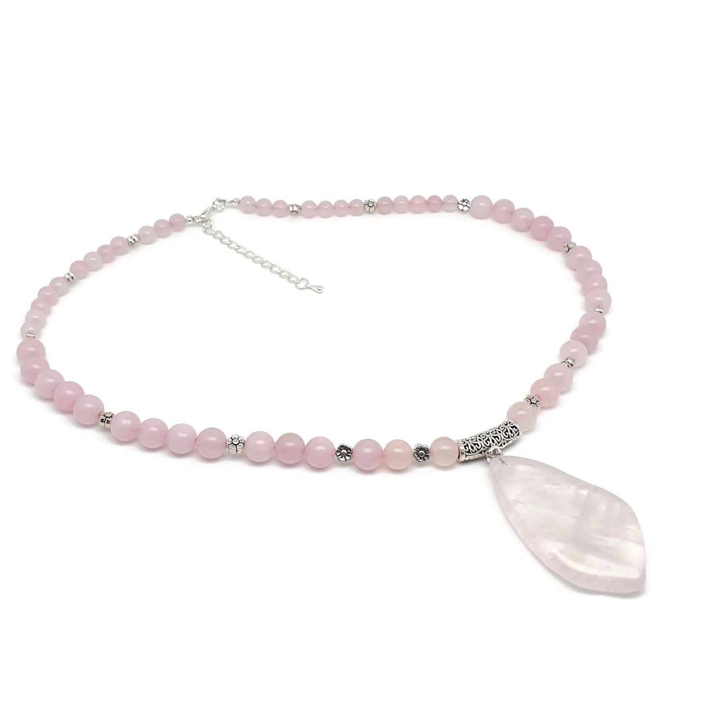 Rose Quartz Beaded Necklace Large Asymmetrical Flat Slice Pendant Adjustable Length