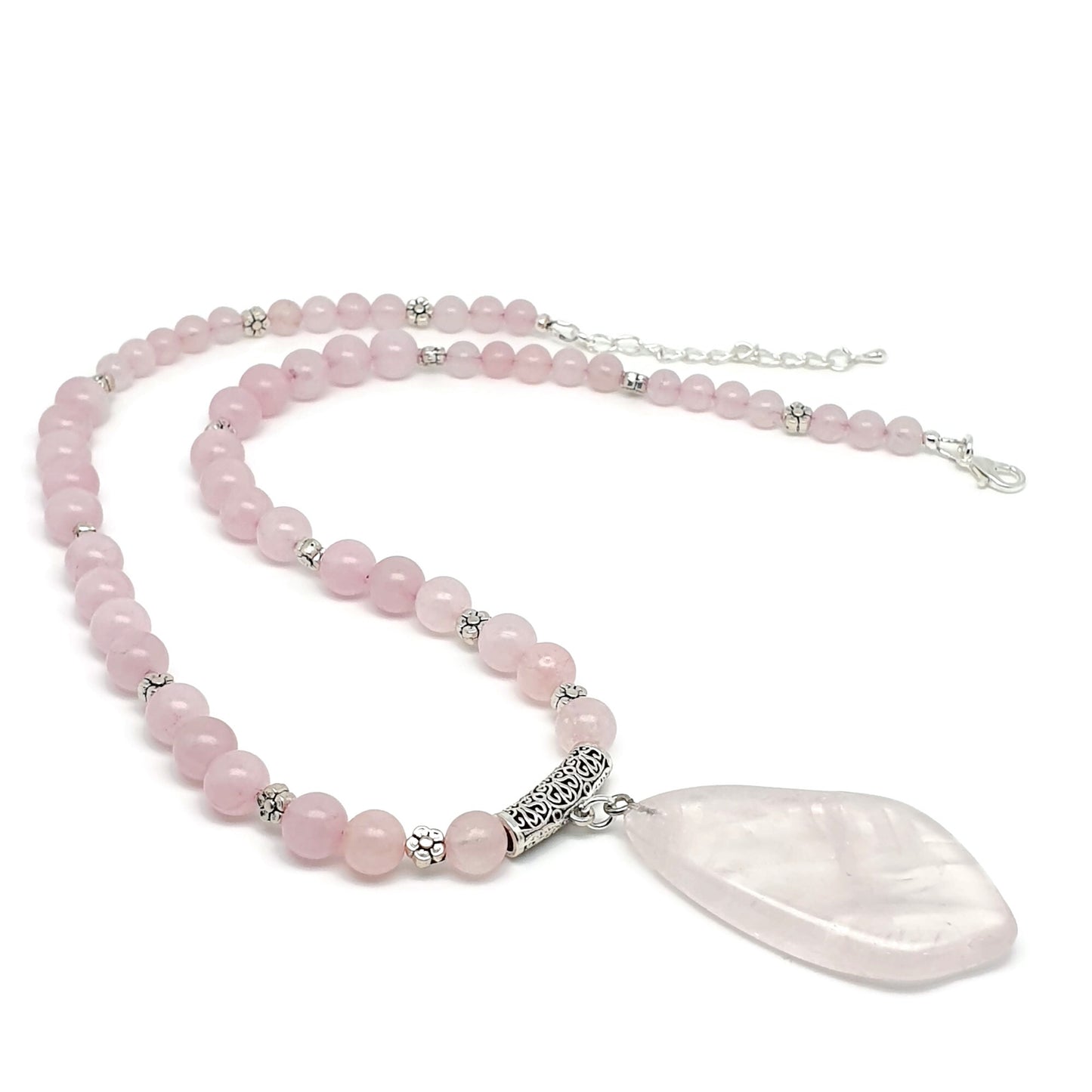 Rose Quartz Beaded Necklace Large Asymmetrical Flat Slice Pendant Adjustable Length