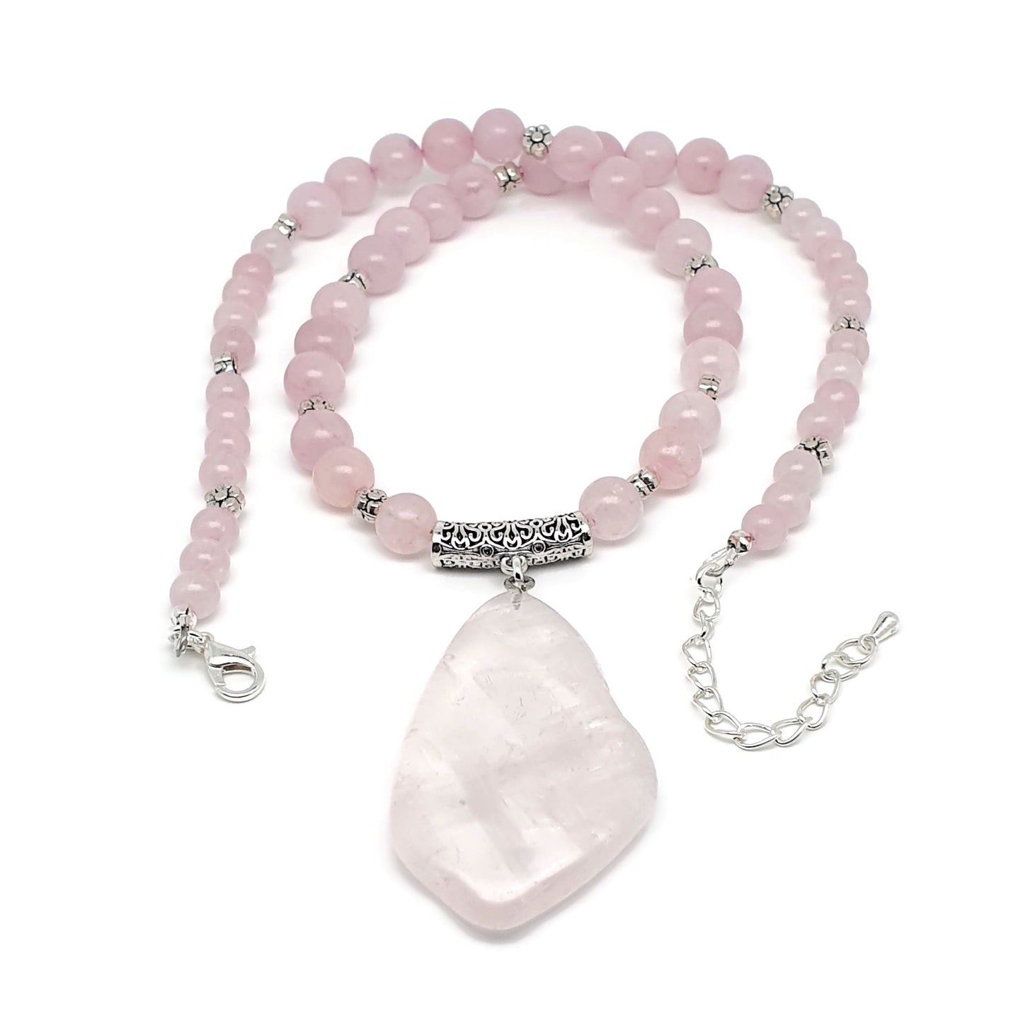 Rose Quartz Beaded Necklace Large Asymmetrical Flat Slice Pendant Adjustable Length