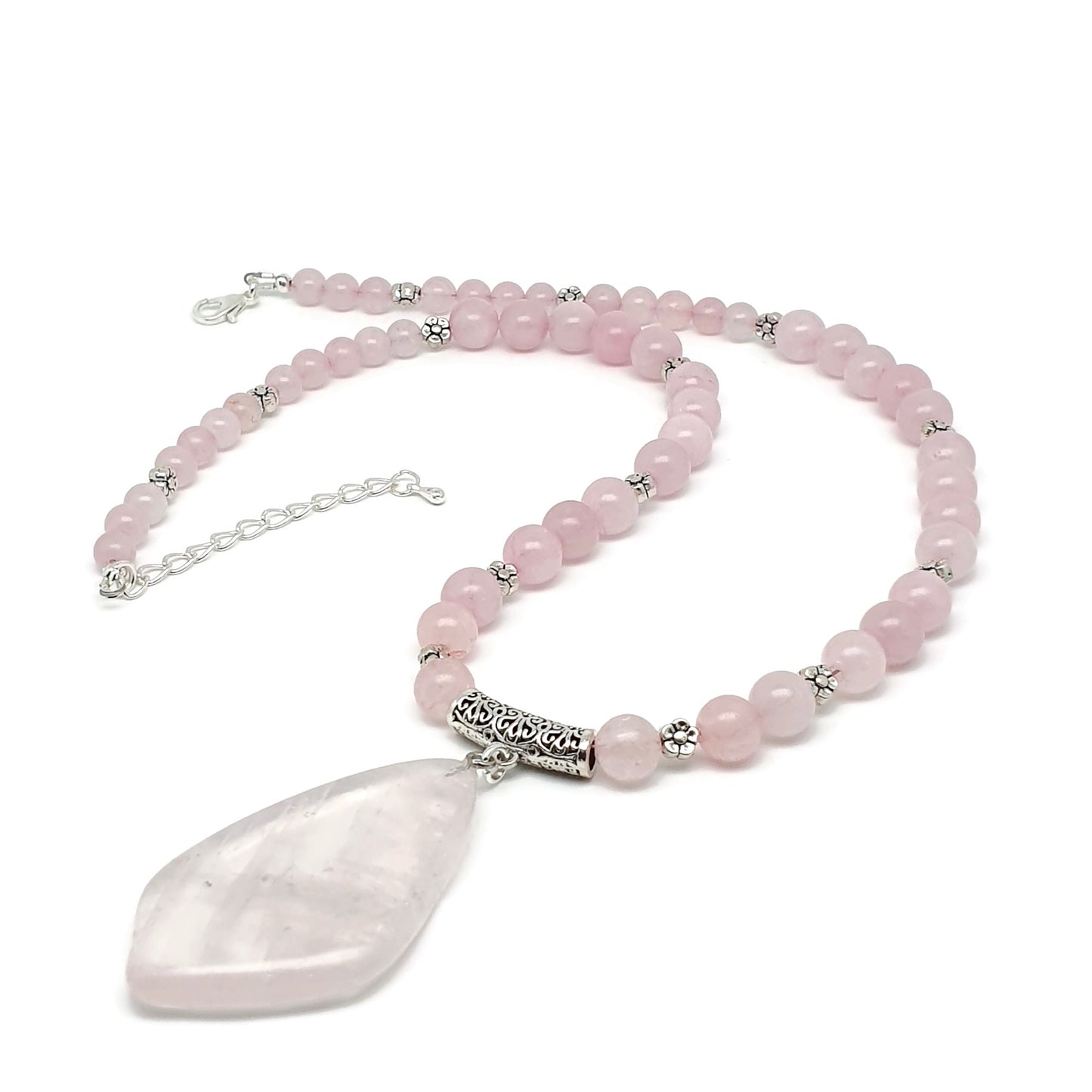 Rose Quartz Beaded Necklace Large Asymmetrical Flat Slice Pendant Adjustable Length