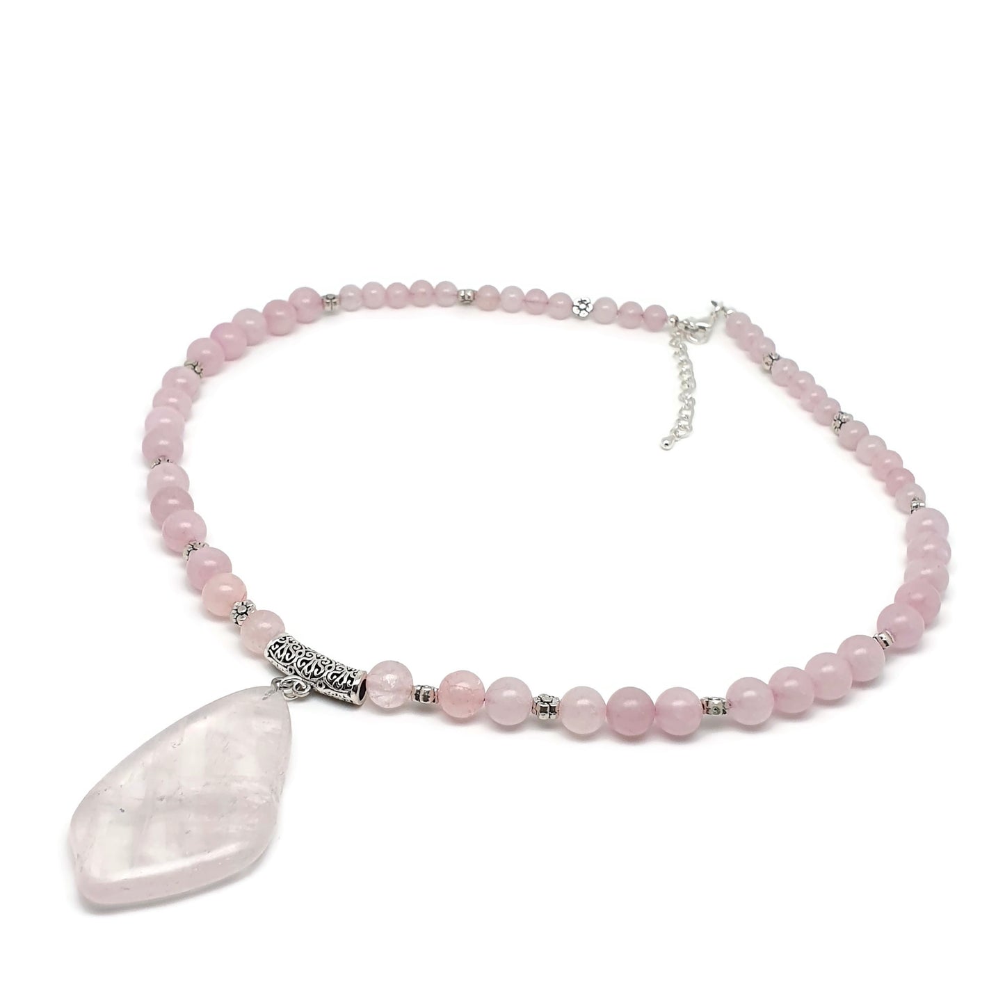 Rose Quartz Beaded Necklace Large Asymmetrical Flat Slice Pendant Adjustable Length