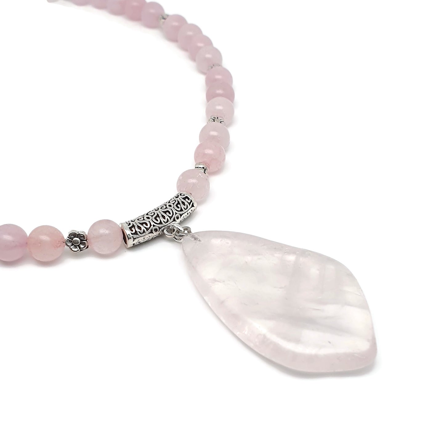 Rose Quartz Beaded Necklace Large Asymmetrical Flat Slice Pendant Adjustable Length