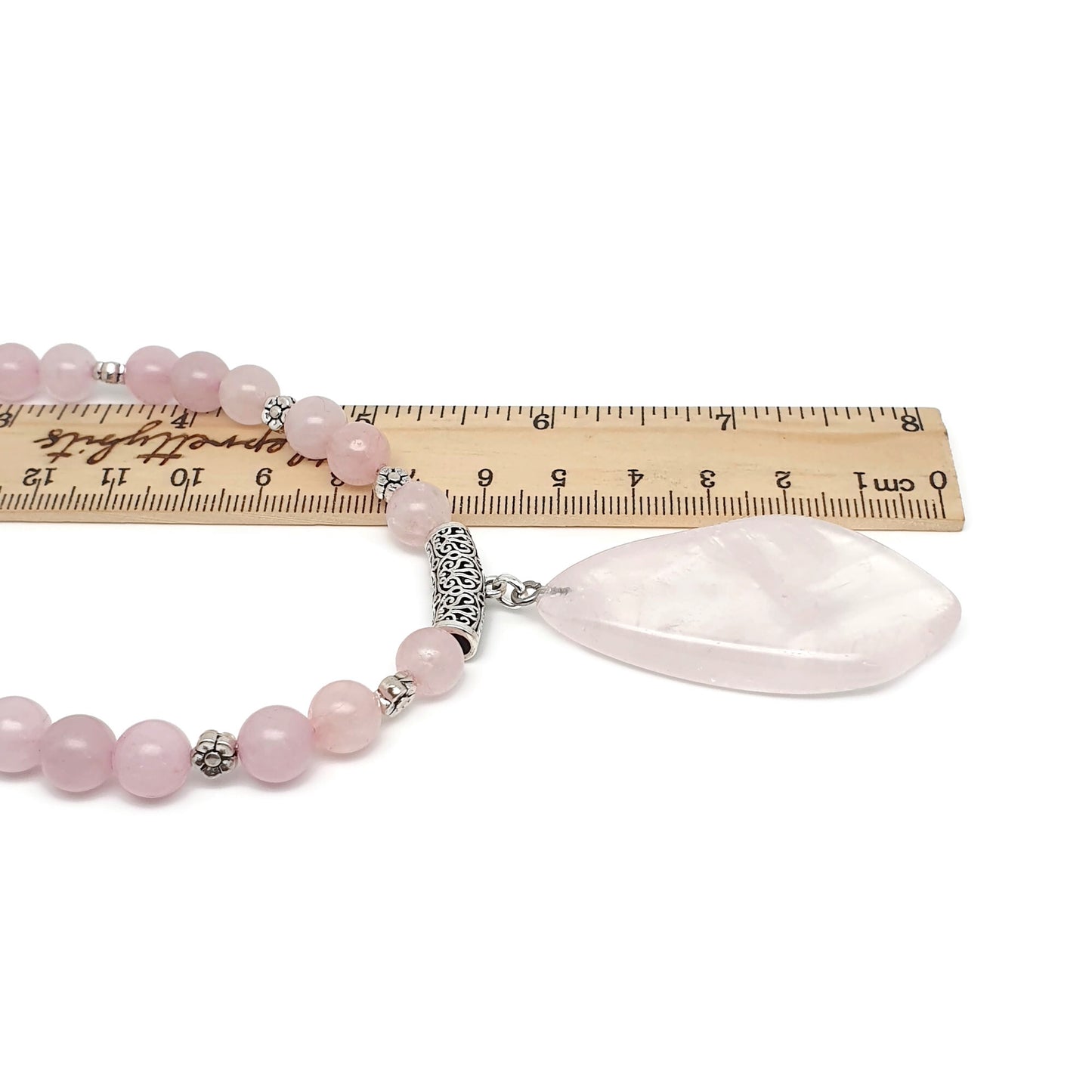 Rose Quartz Beaded Necklace Large Asymmetrical Flat Slice Pendant Adjustable Length