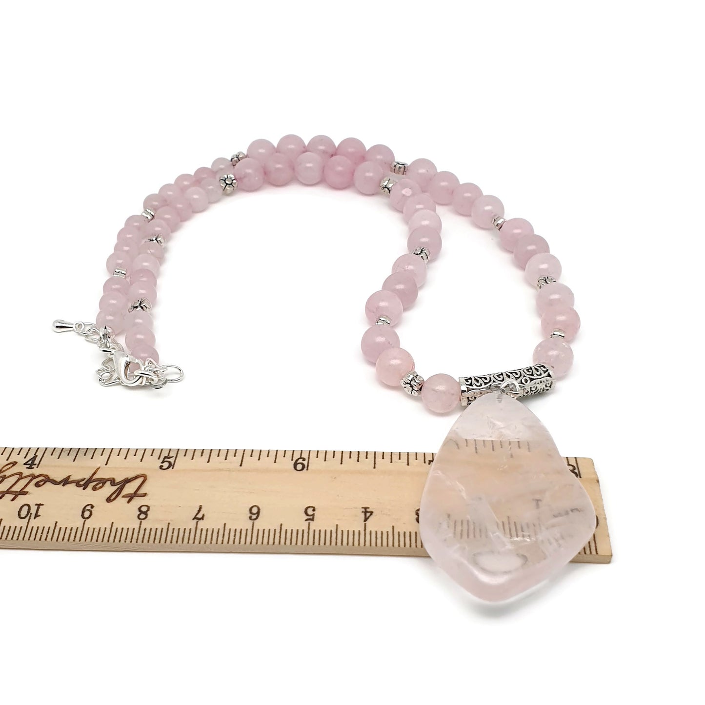 Rose Quartz Beaded Necklace Large Asymmetrical Flat Slice Pendant Adjustable Length