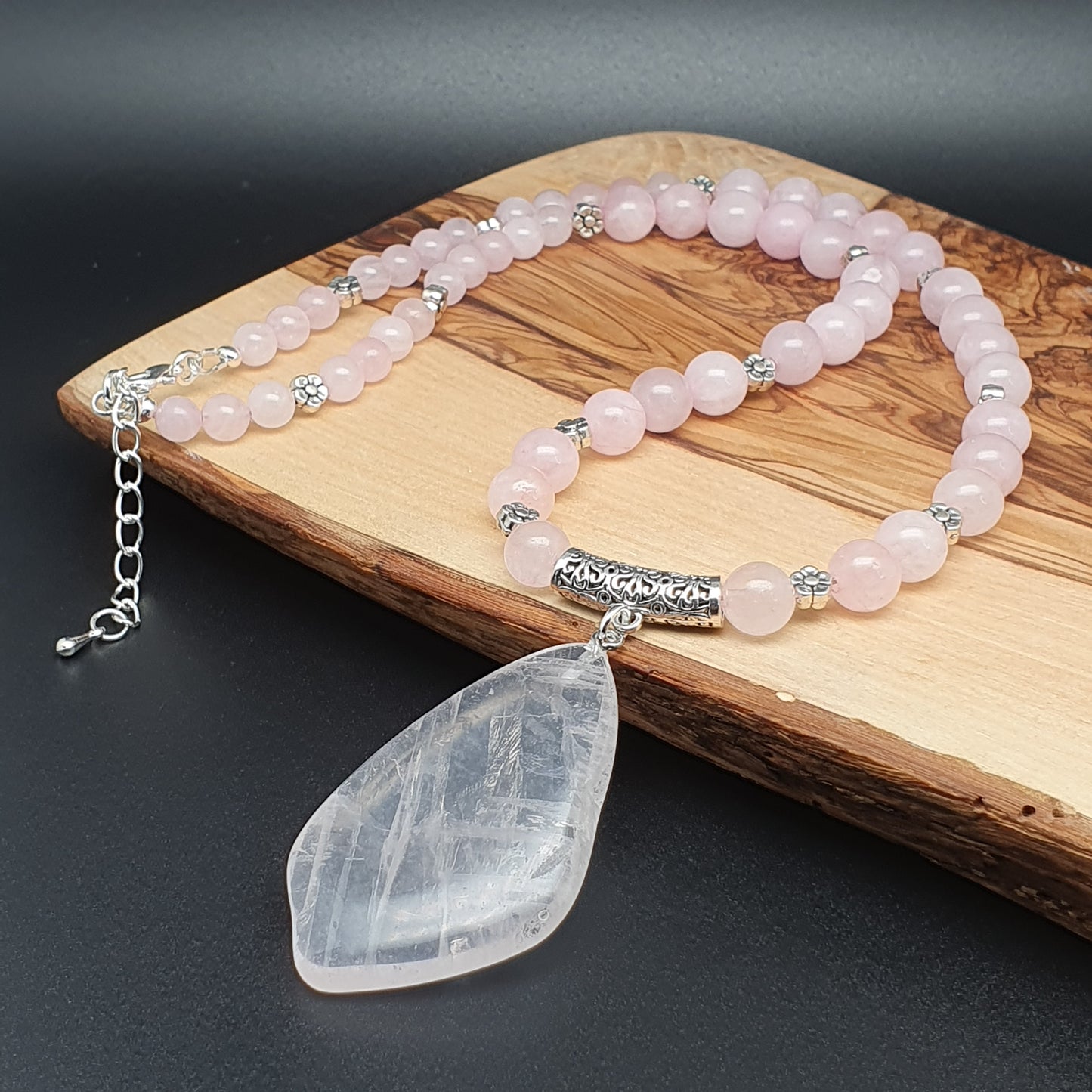 Rose Quartz Beaded Necklace Large Asymmetrical Flat Slice Pendant Adjustable Length