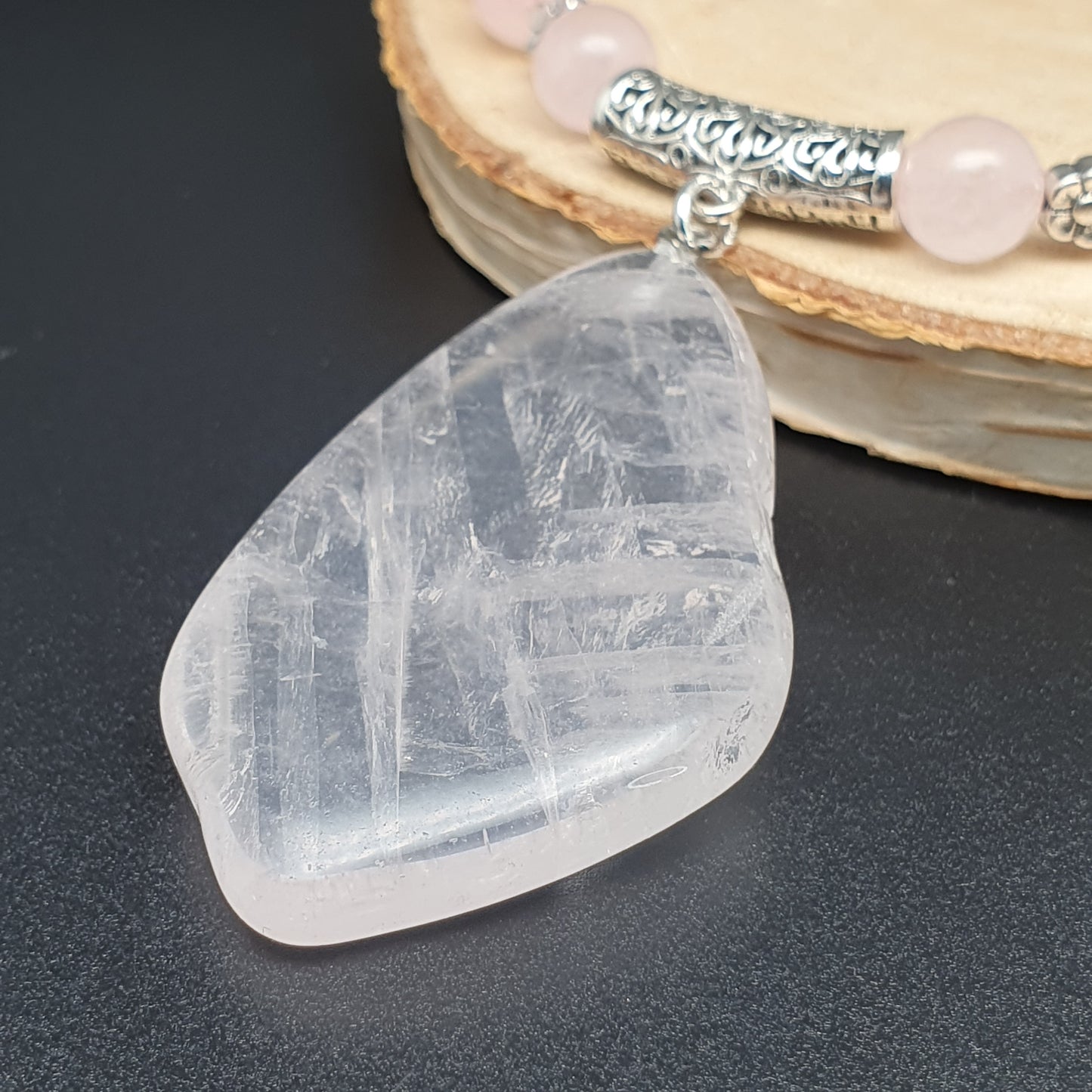 Rose Quartz Beaded Necklace Large Asymmetrical Flat Slice Pendant Adjustable Length