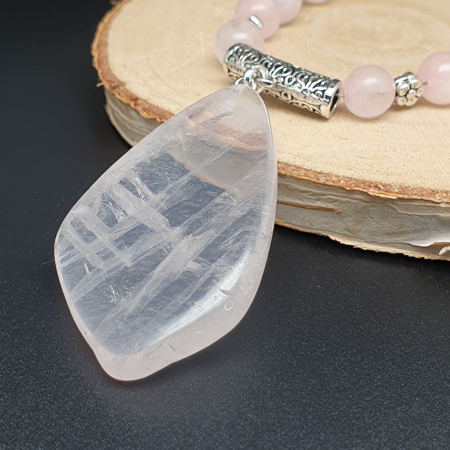 Rose Quartz Beaded Necklace Large Asymmetrical Flat Slice Pendant Adjustable Length