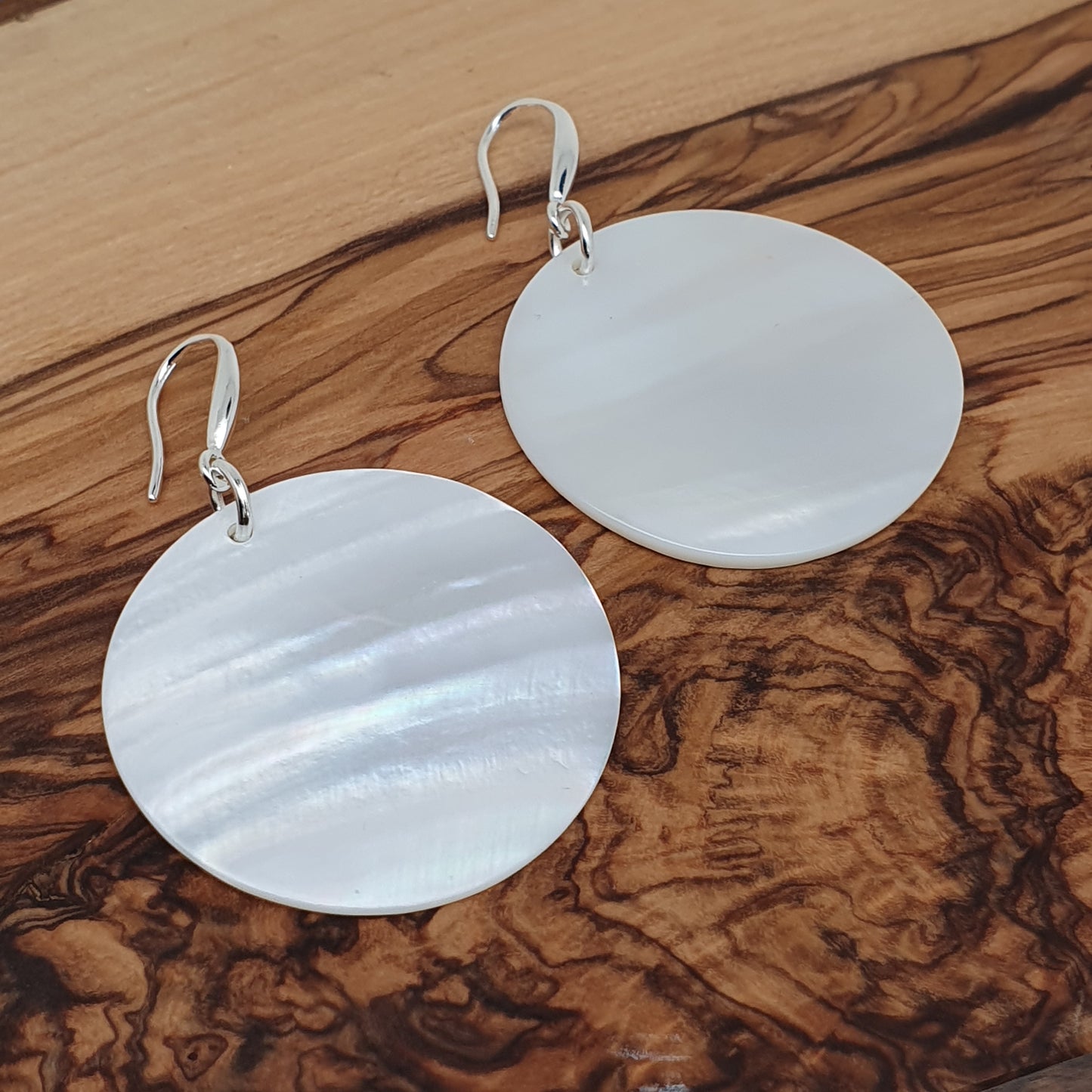 White Mother Of Pearl Large Disc Earrings Long Dangle Drop Round Sea Shell