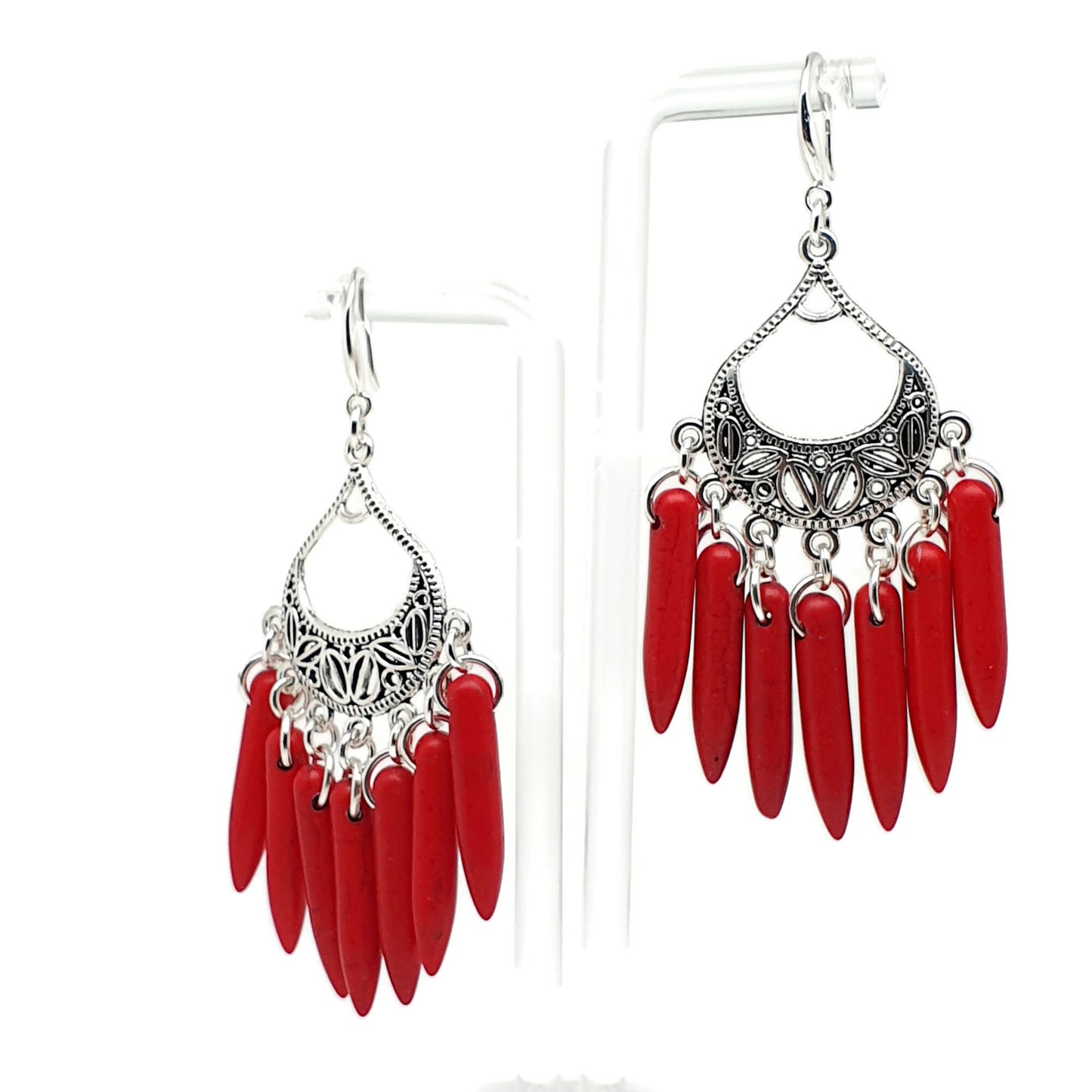 Dyed Red Howlite Chandelier Boho Earrings Long Dangle Drop