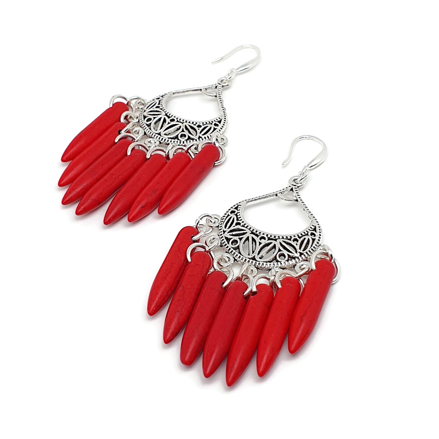 Dyed Red Howlite Chandelier Boho Earrings Long Dangle Drop